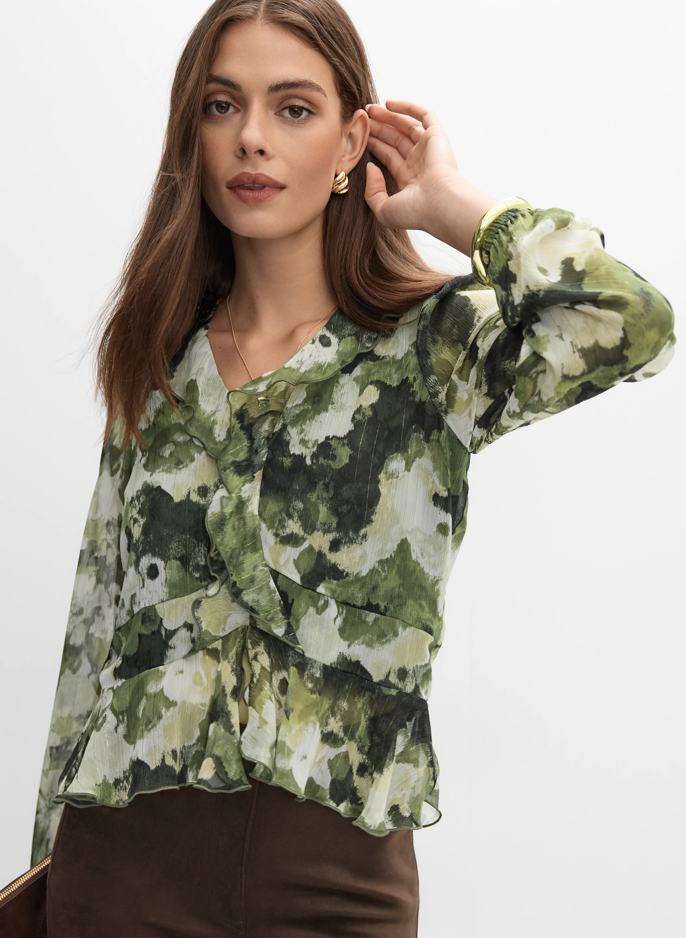 Abstract Flounce Front Blouse