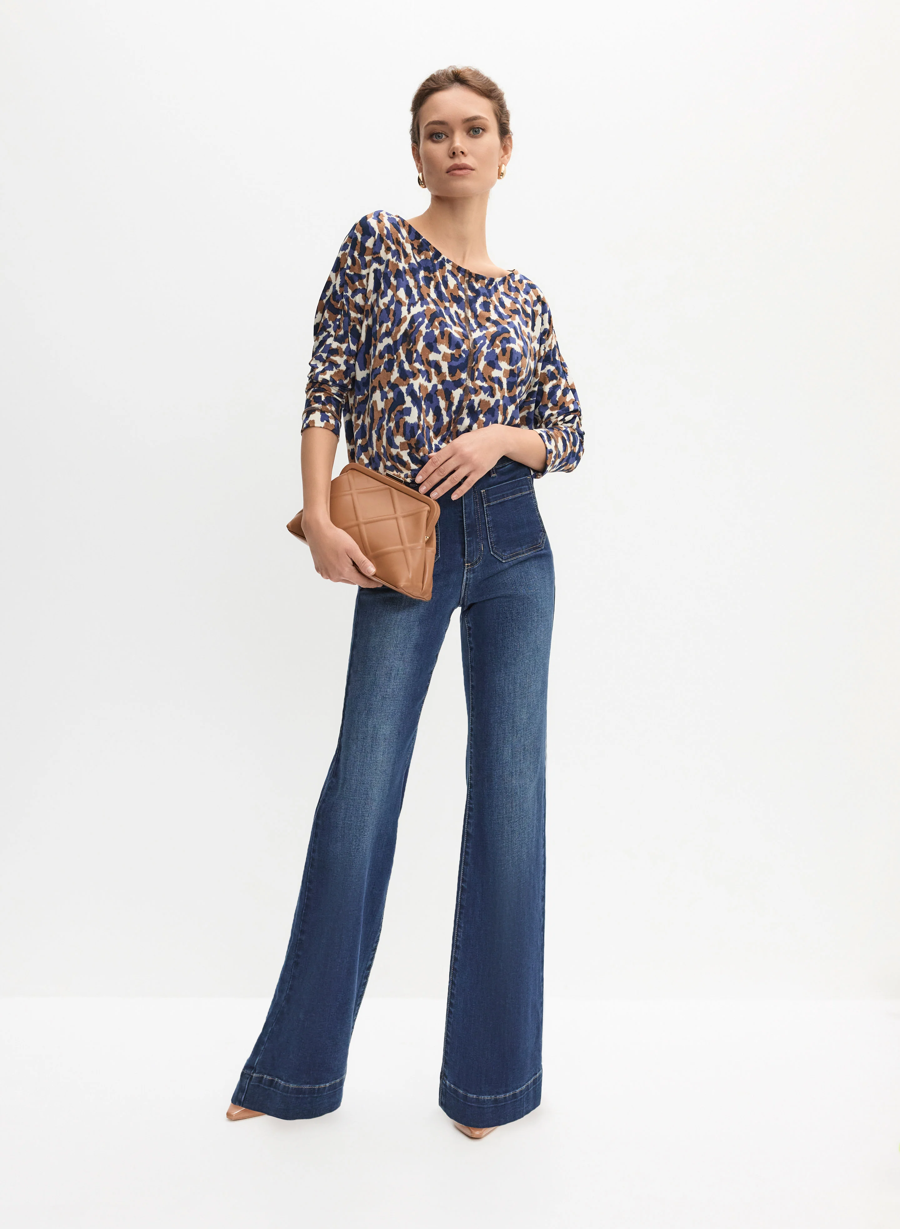 Abstract Print Top & Flare Leg Jeans