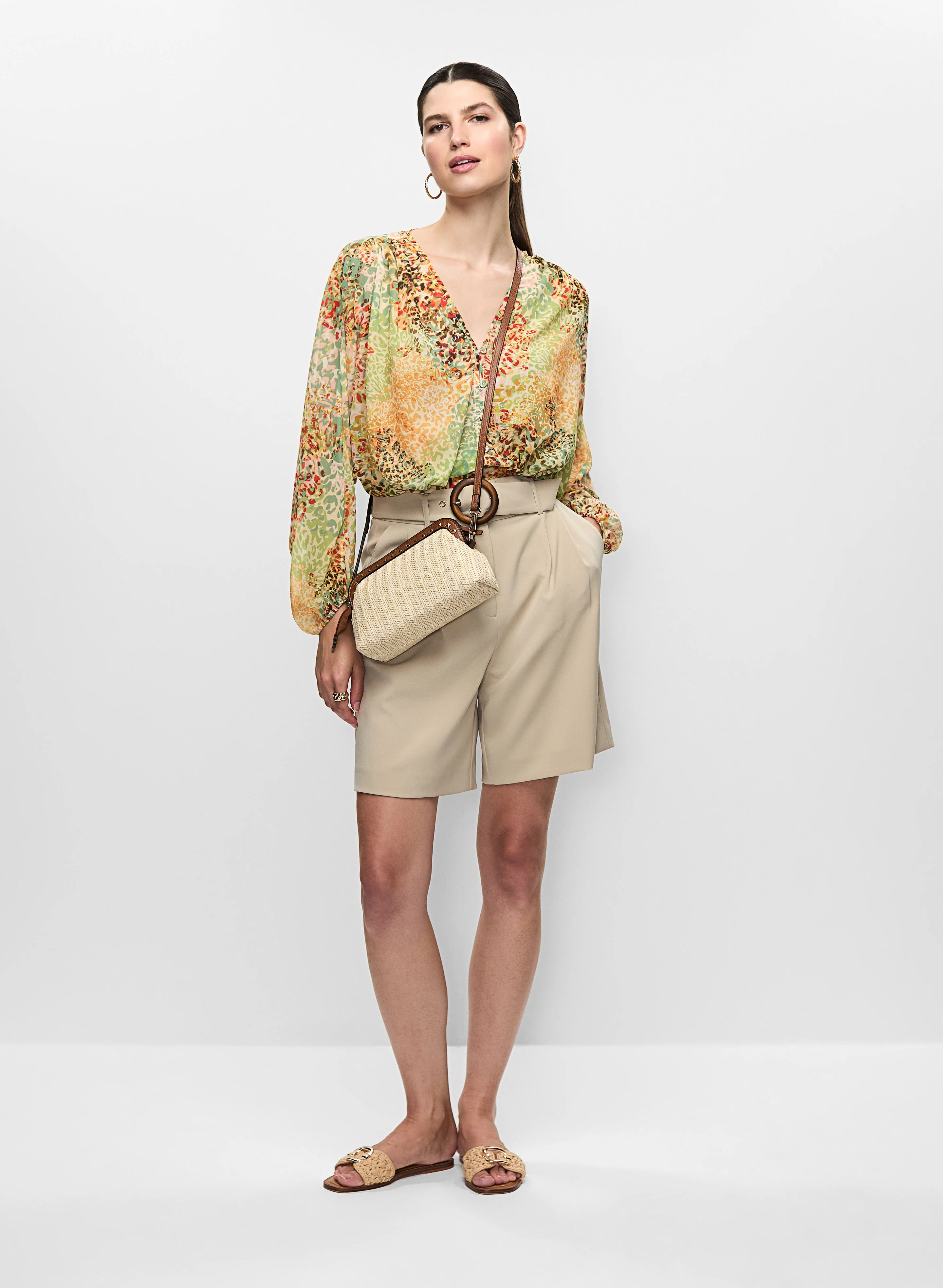 Animal Print Top & Pleated Belted Shorts