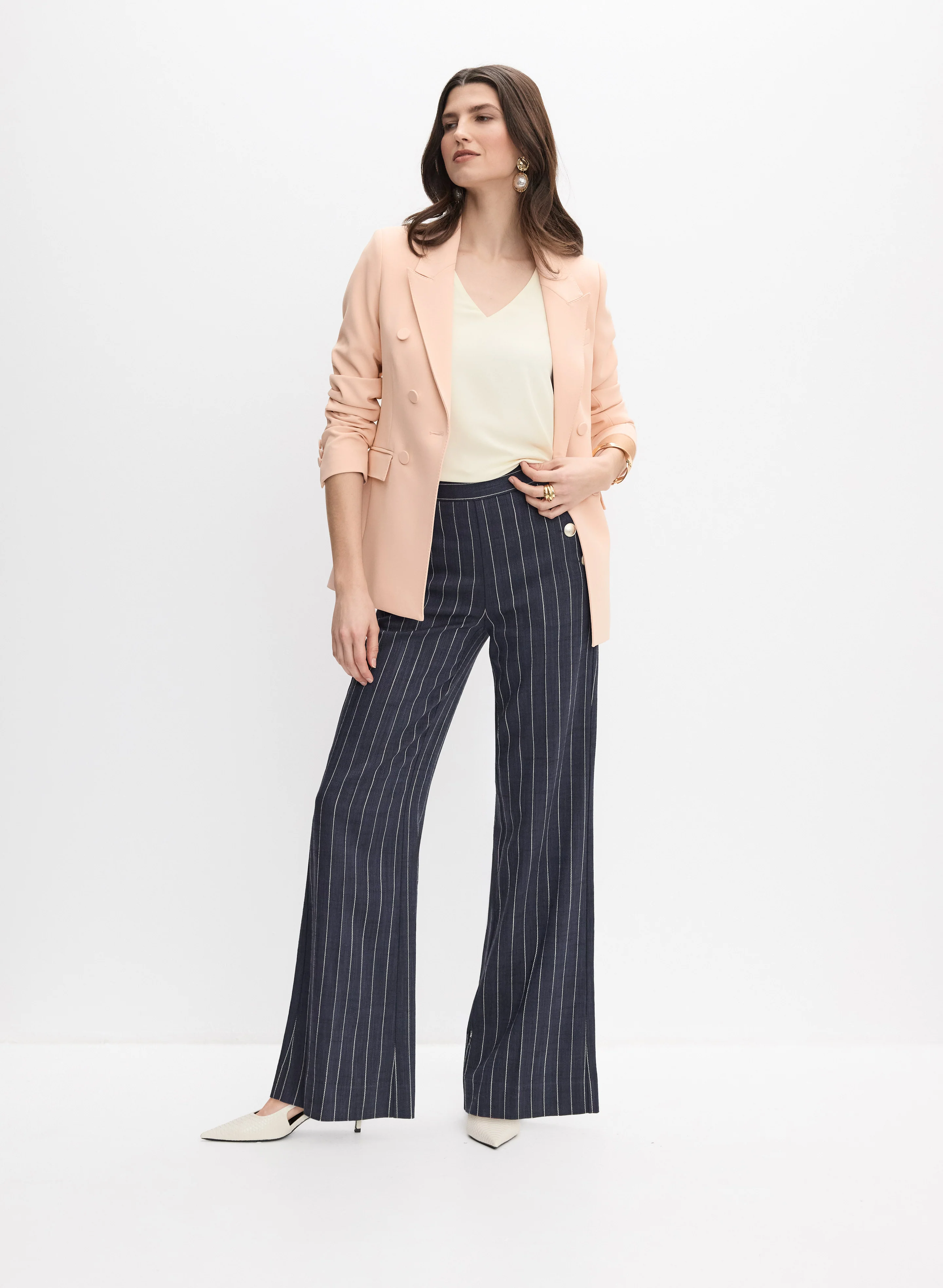 Button Crepe Blazer & Soho Pinstripe Wide-Leg Pants