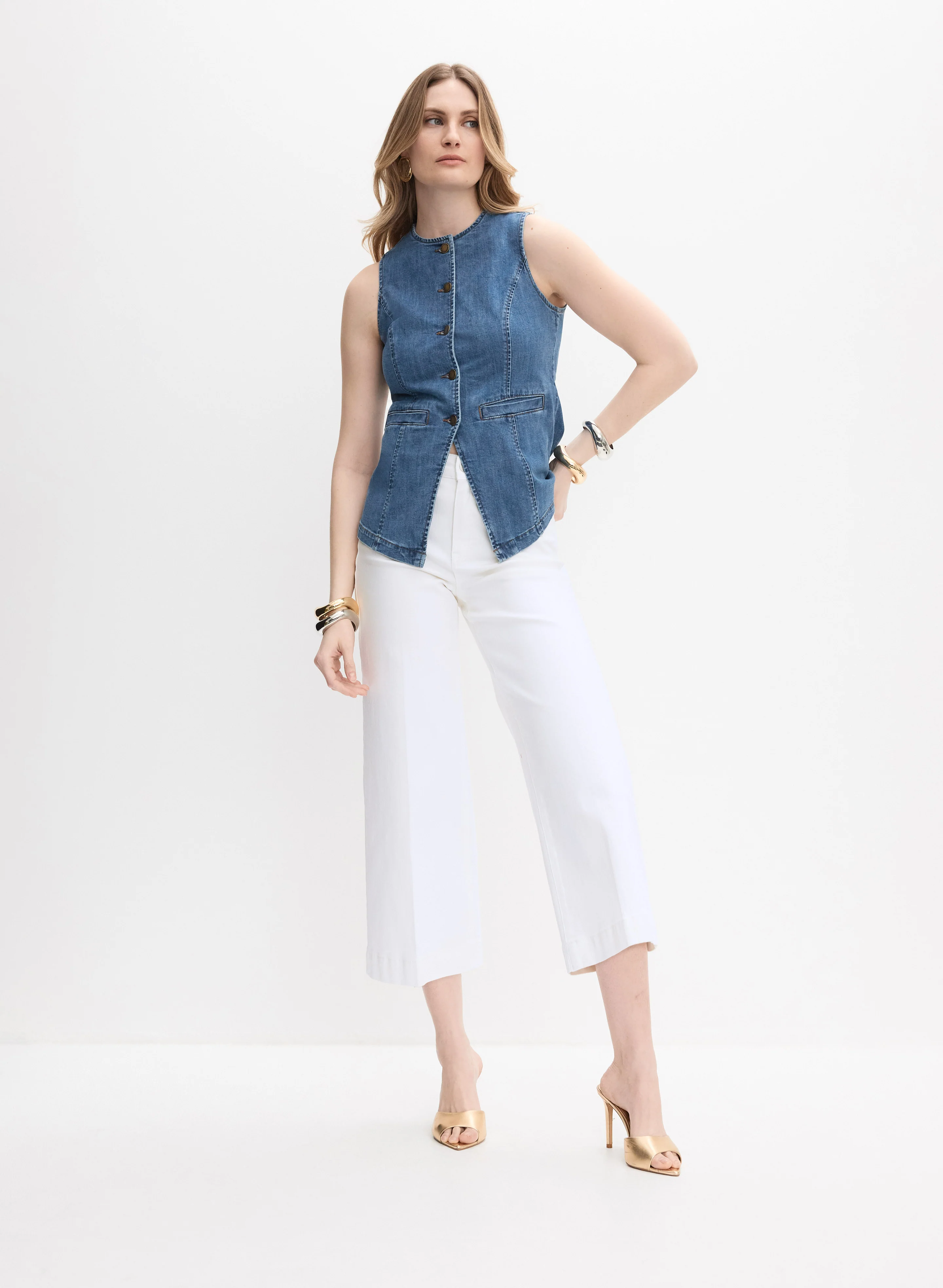 Button Denim Vest & Denim Culottes