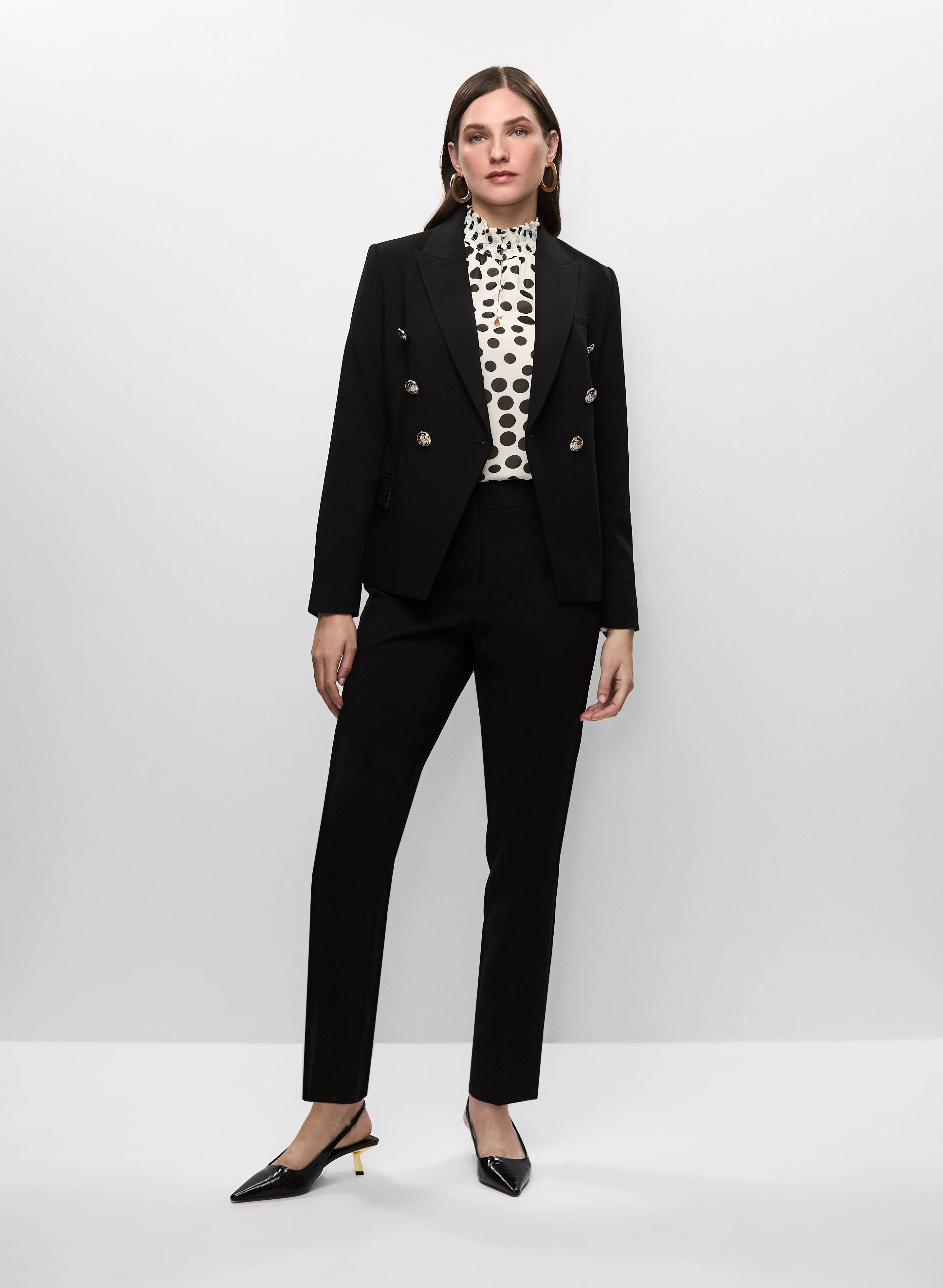 Button Detail Blazer, Polka Dot Blouse & Slim Leg Pants