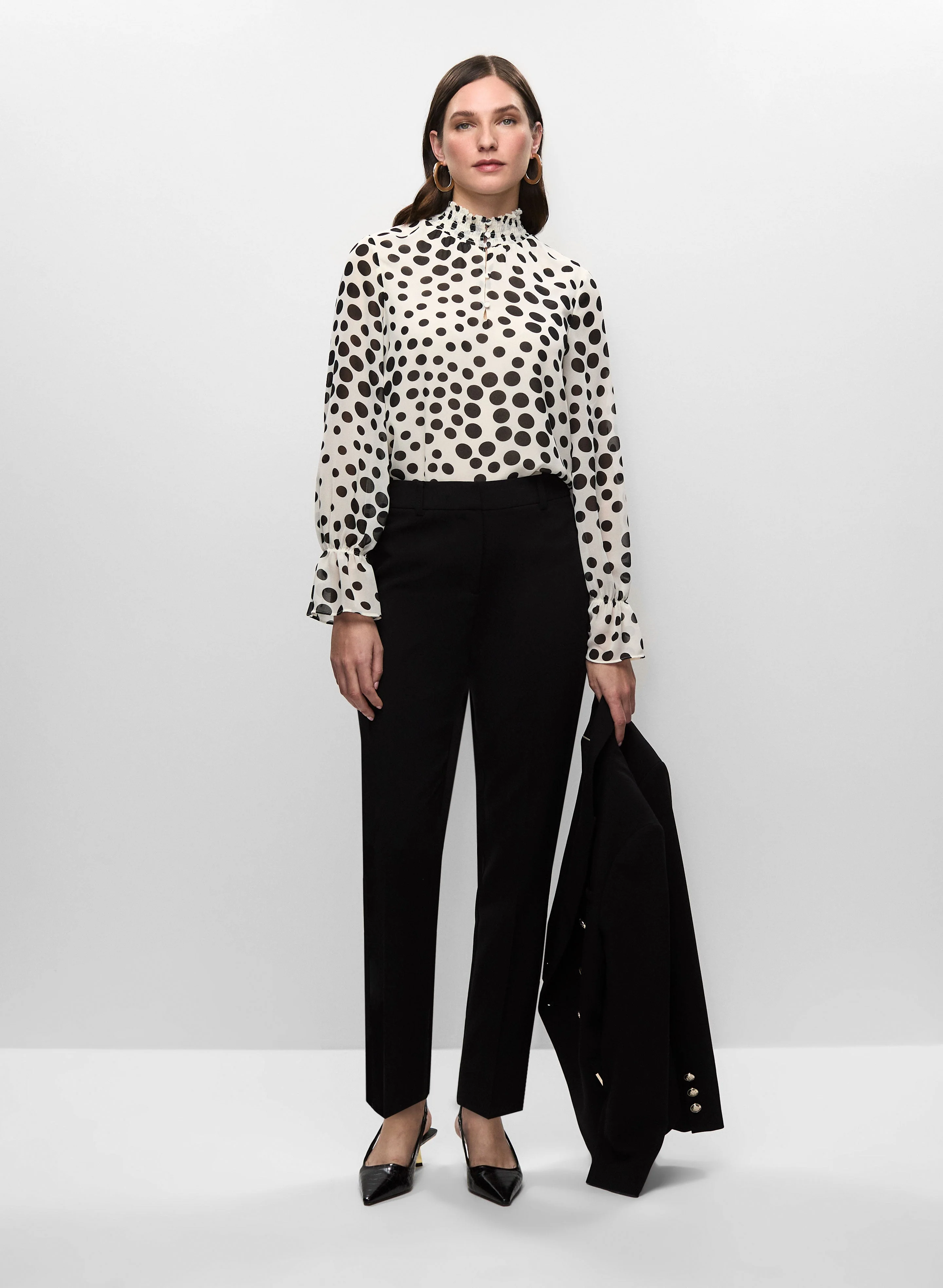 Button Detail Blazer, Polka Dot Blouse & Slim Leg Pants