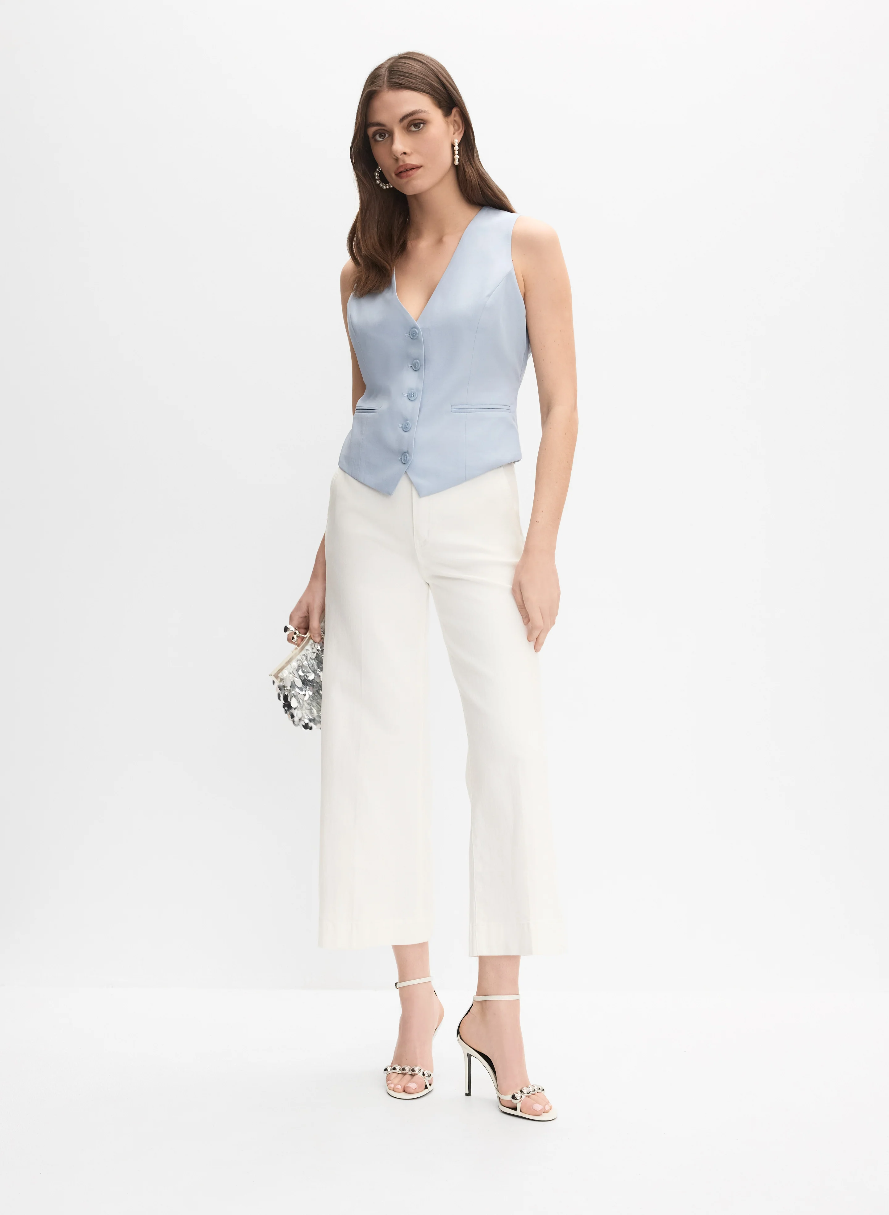 Button-Down Vest & Patch Pocket Wide Leg Jeans