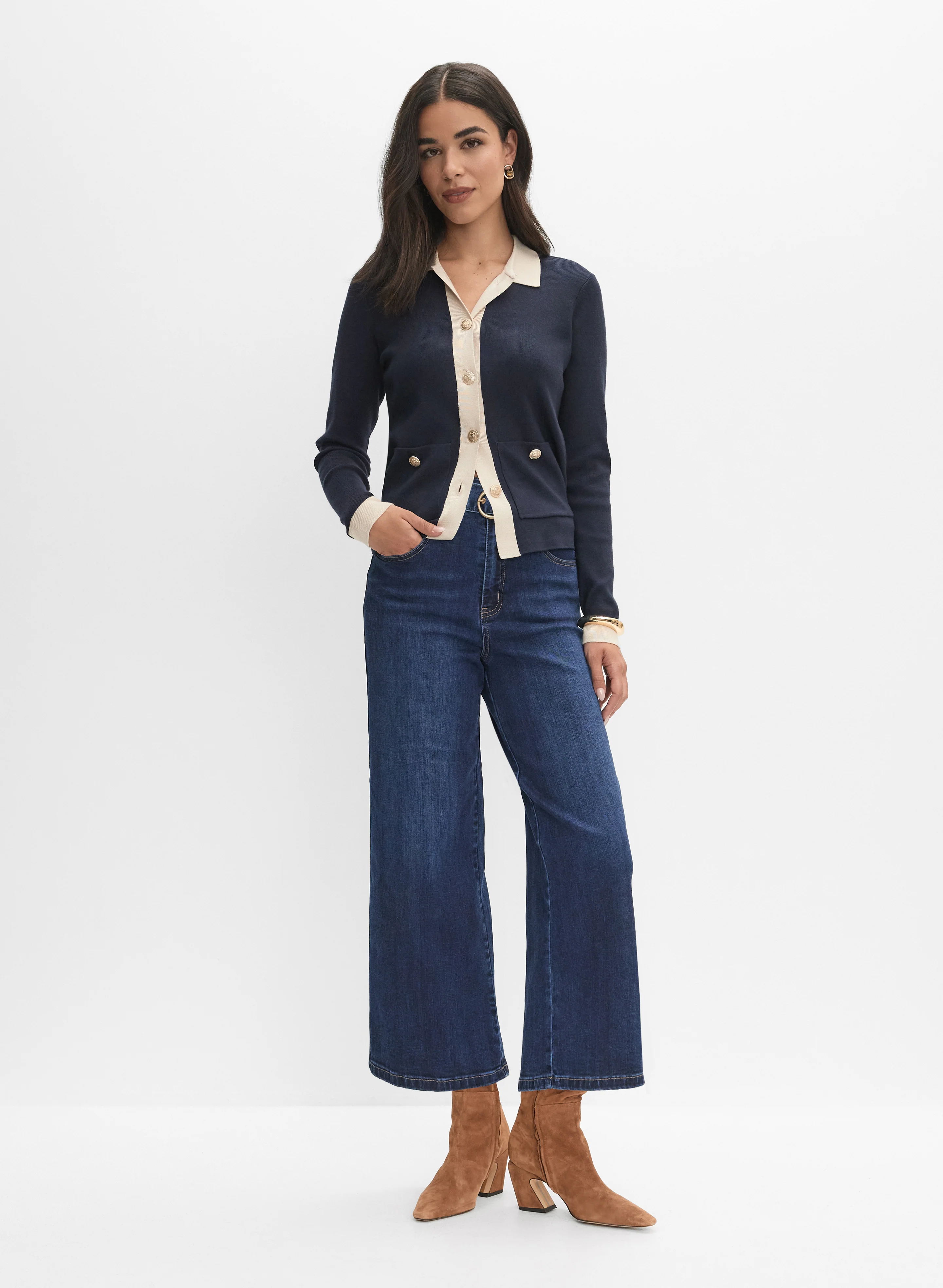 Contrast Trim Cardigan & Belted Culotte Jeans