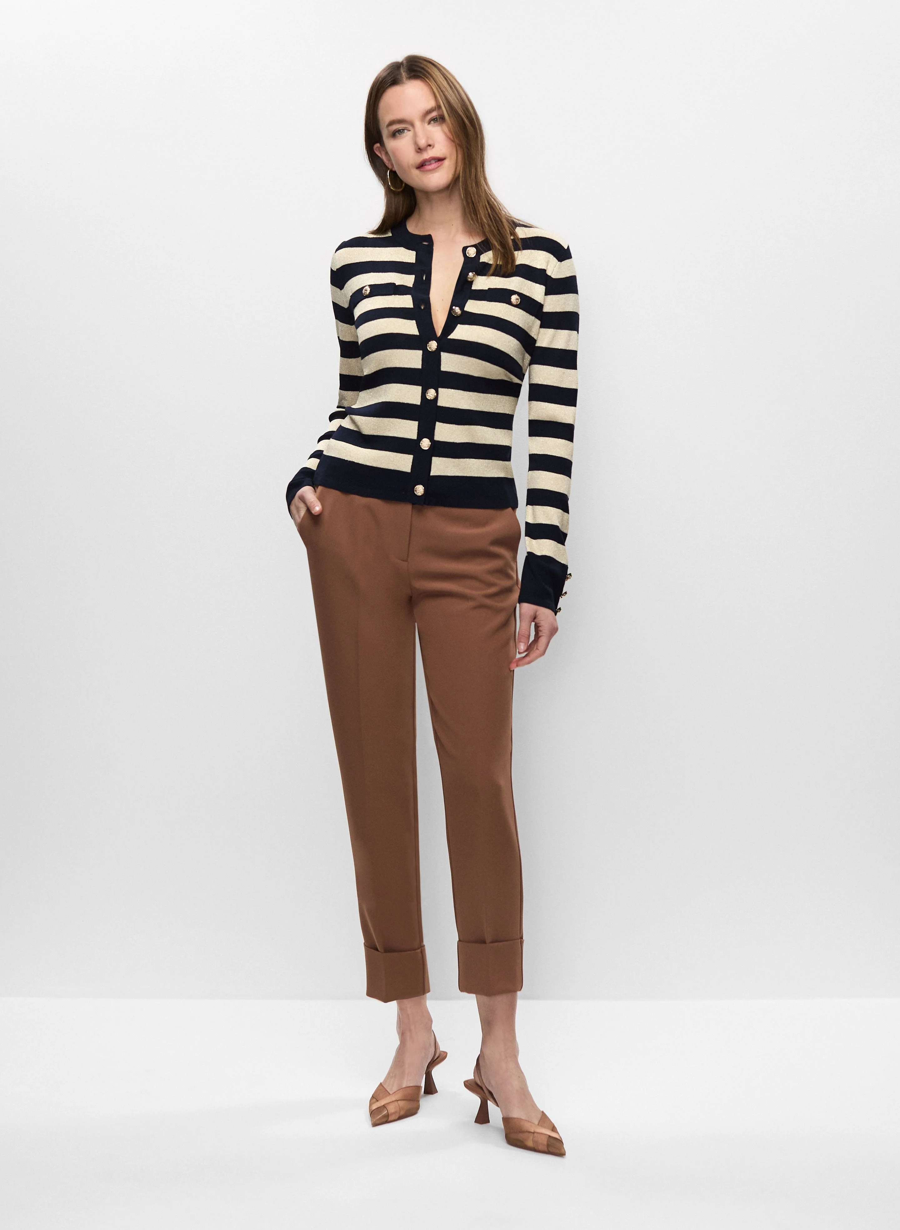 Crew Neck Stripe Cardigan & Cuffed Ankle Pants