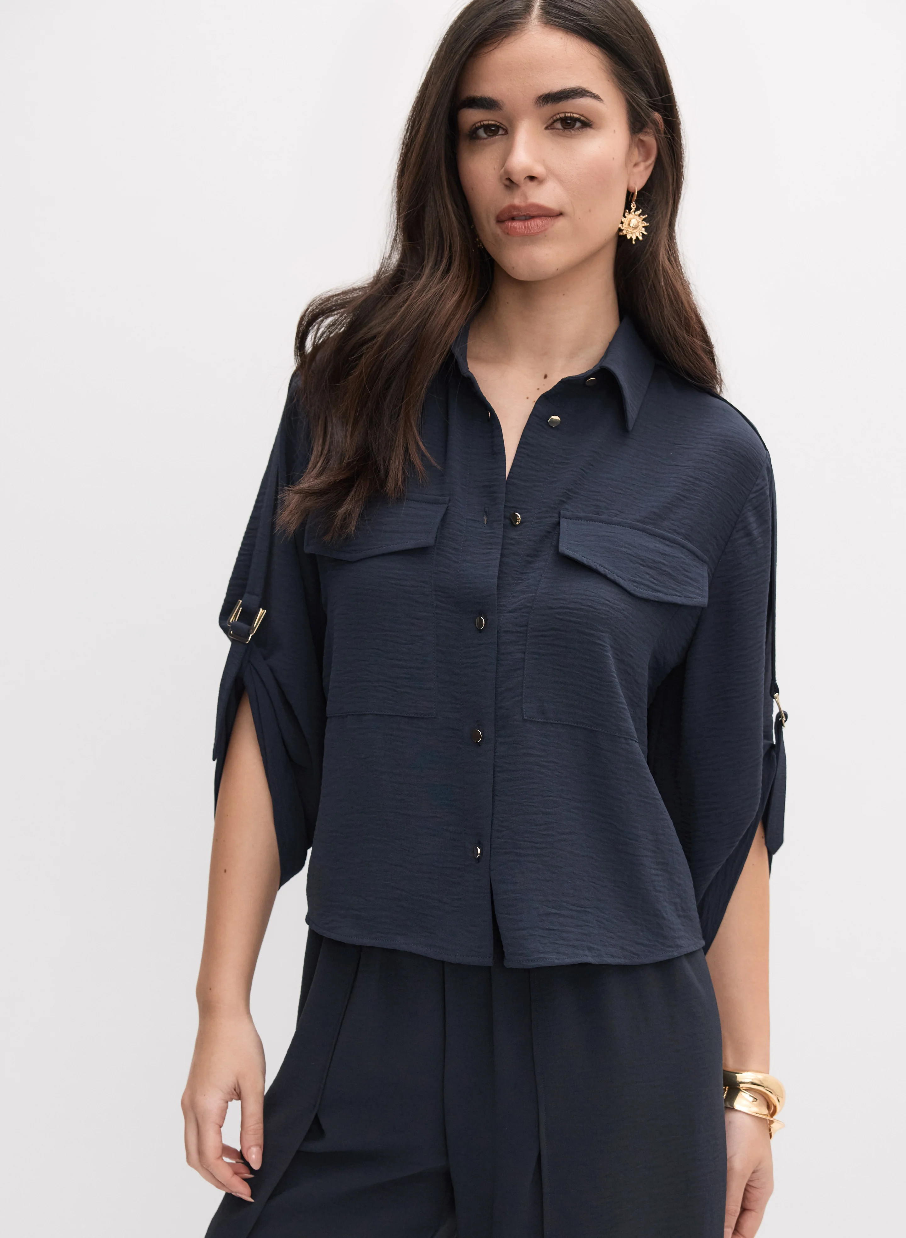Crinkle Button-Down Blouse
