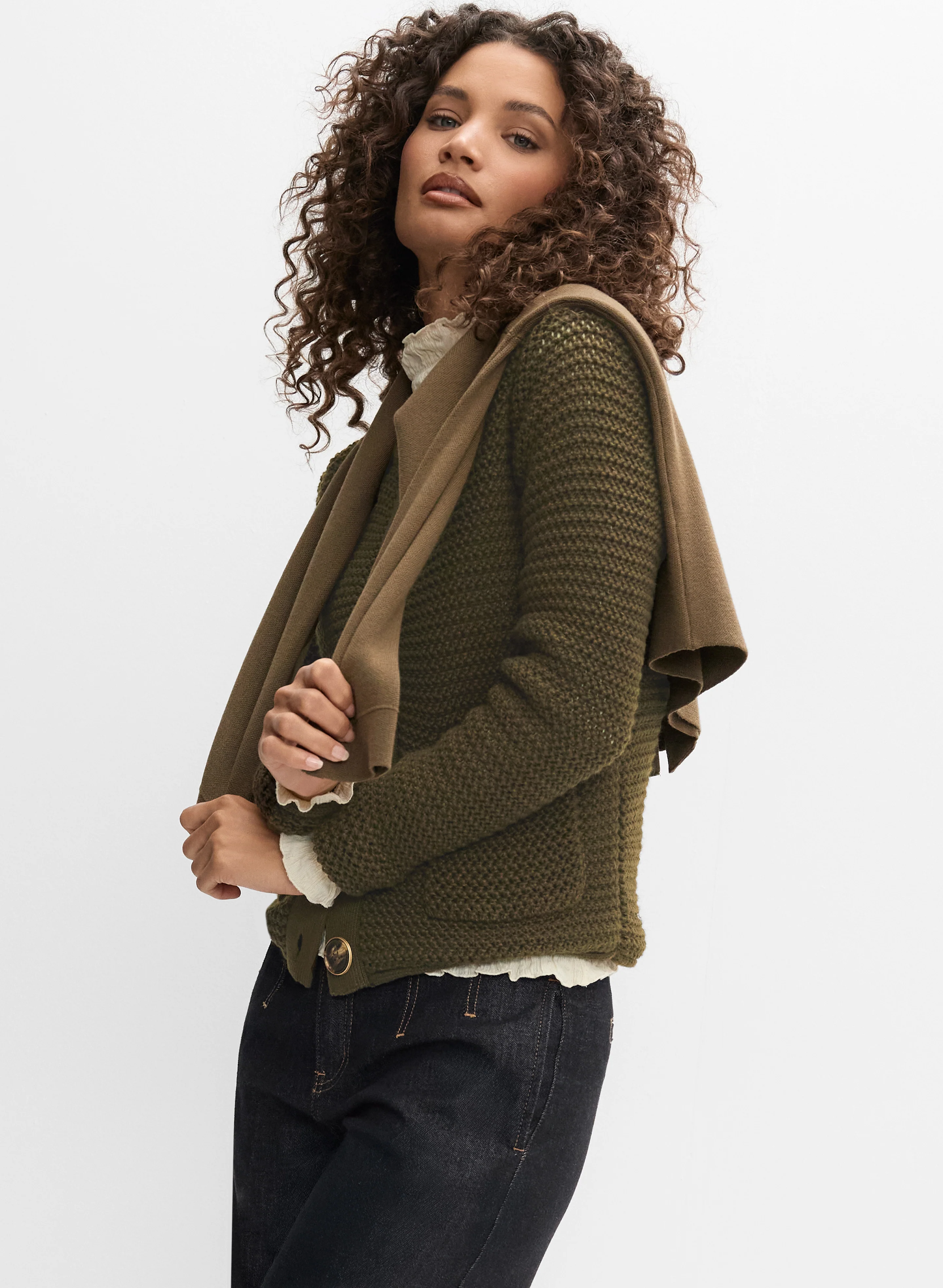 Cropped Crew Neck Cardigan & Belted Wide-Leg Jeans