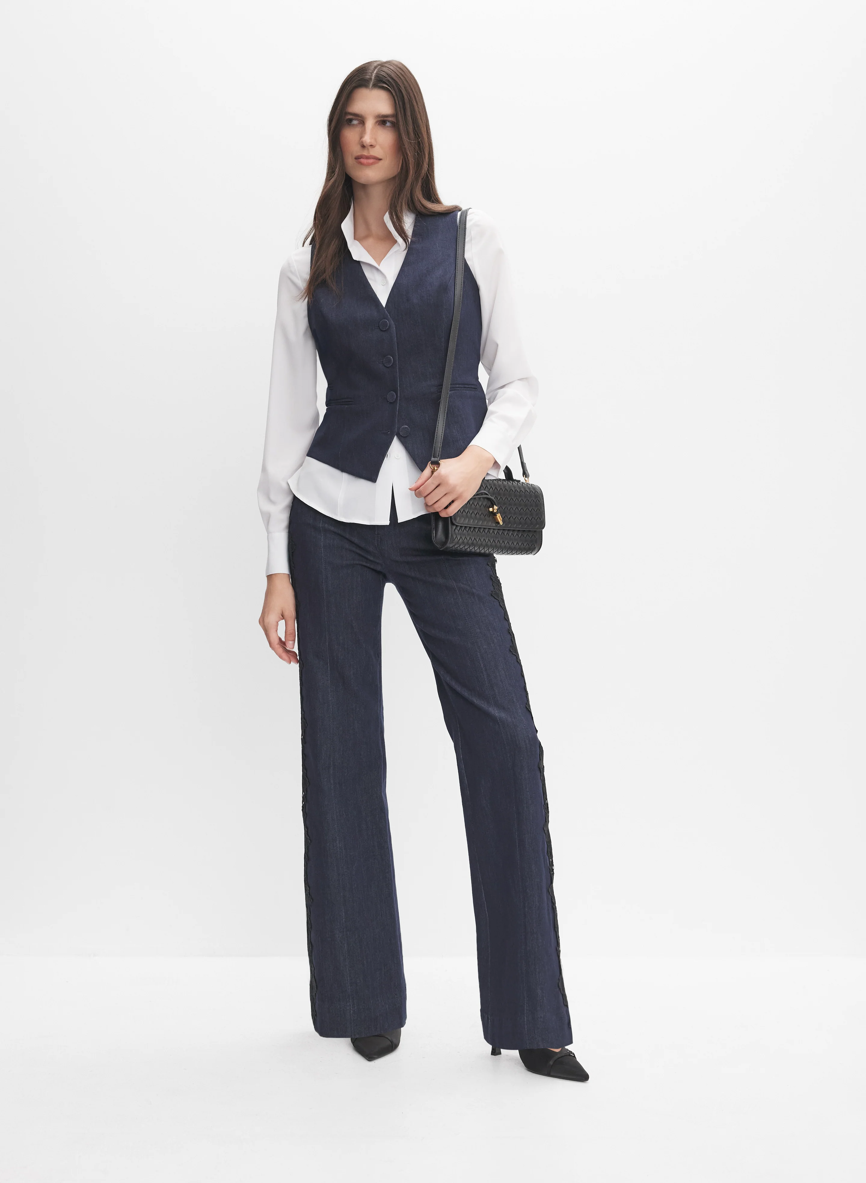 Cropped Denim Vest & Lace Detail Denim Pants
