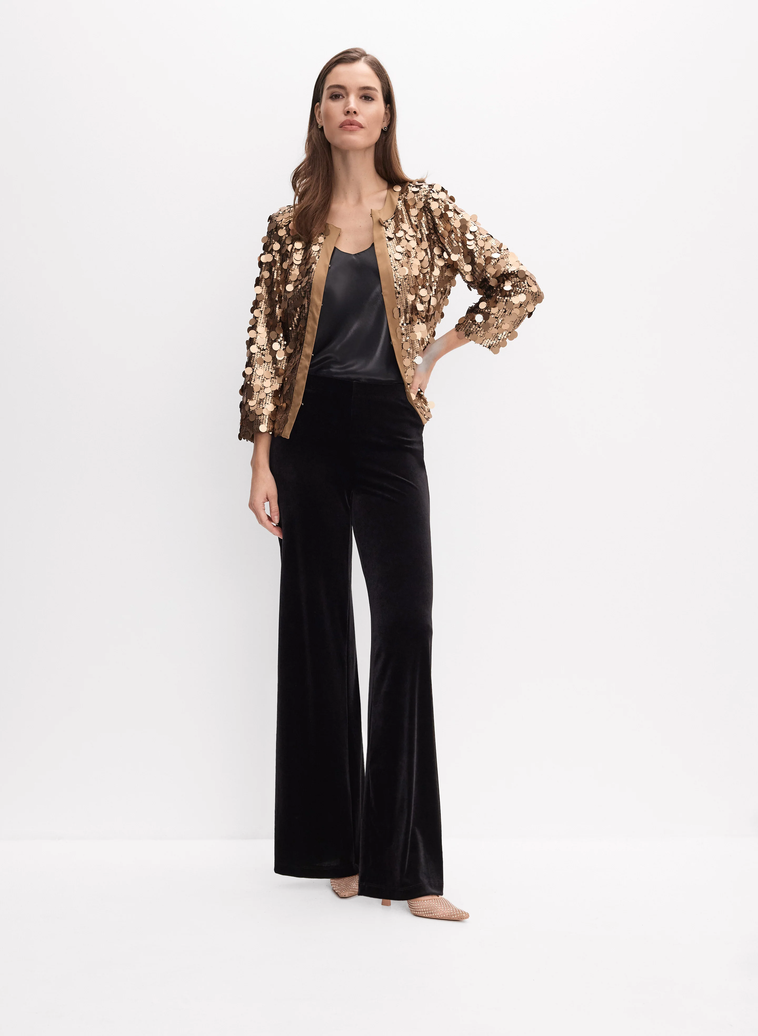 Cropped Sequined Jacket & Velvet Wide-Leg Pants