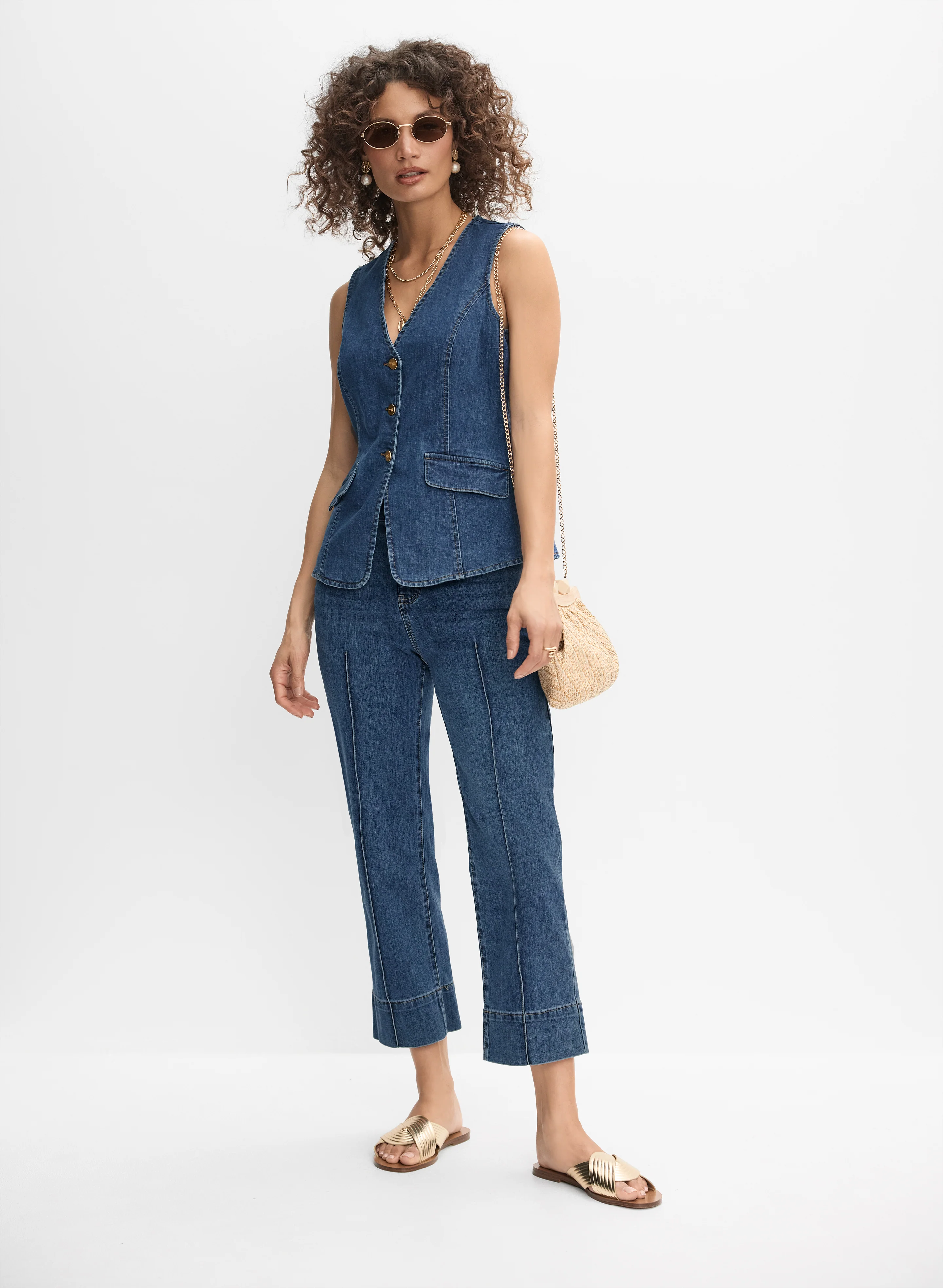 Denim Button-Down Vest & Cropped Straight-Leg Jeans