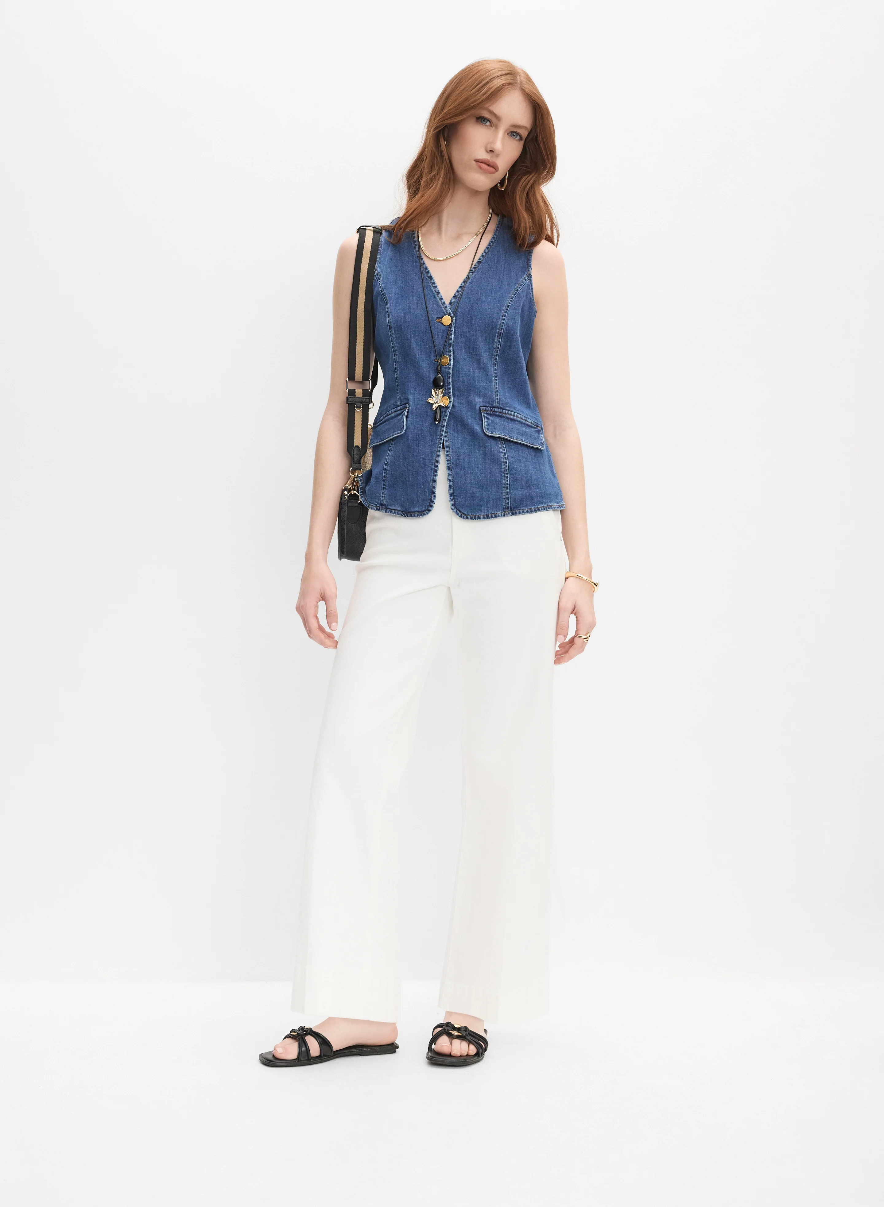Denim Button-Down Vest & Patch Pocket Wide-Leg Jeans