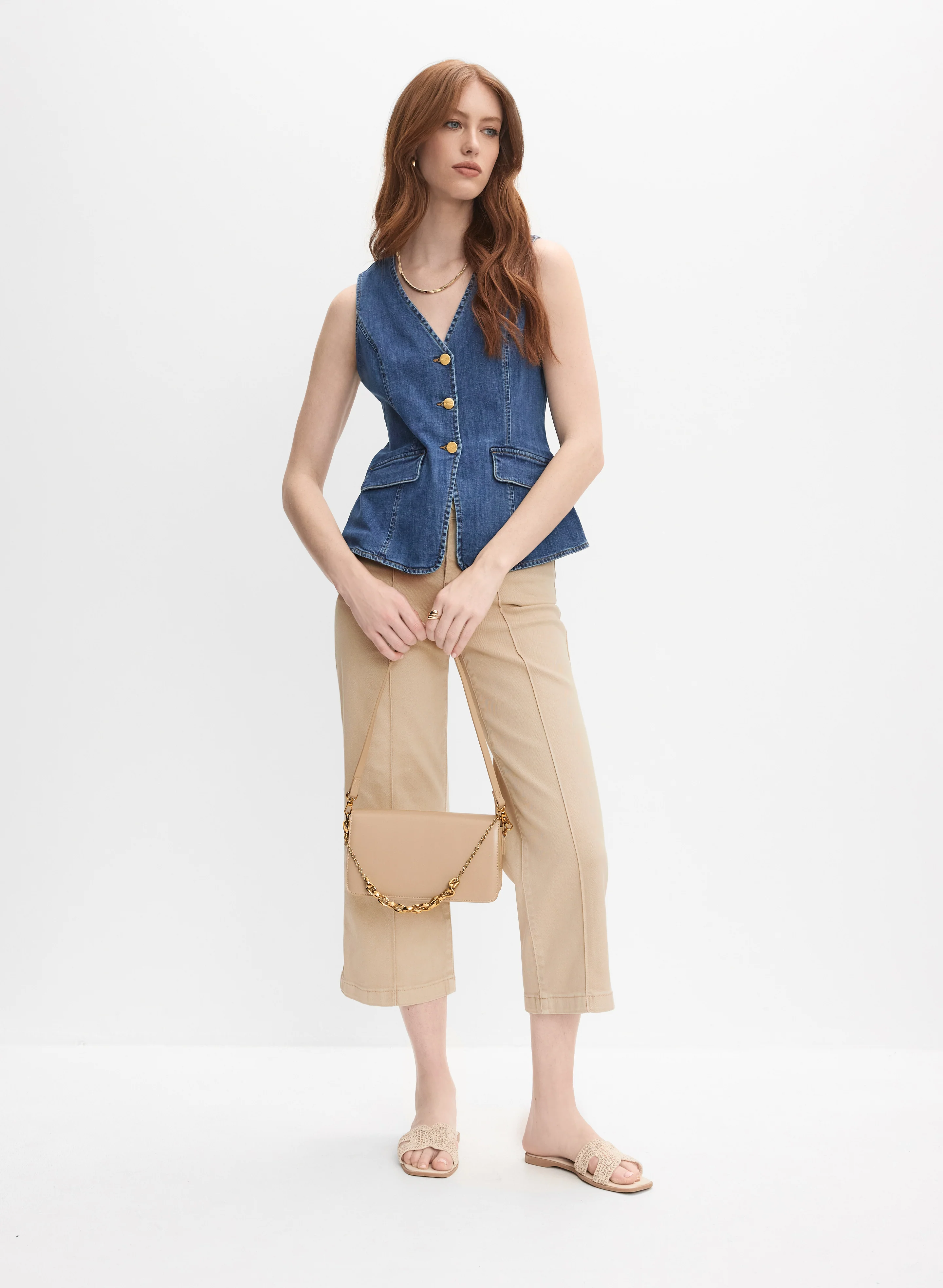 Denim Button-Down Vest & Wide-Leg Denim Capris