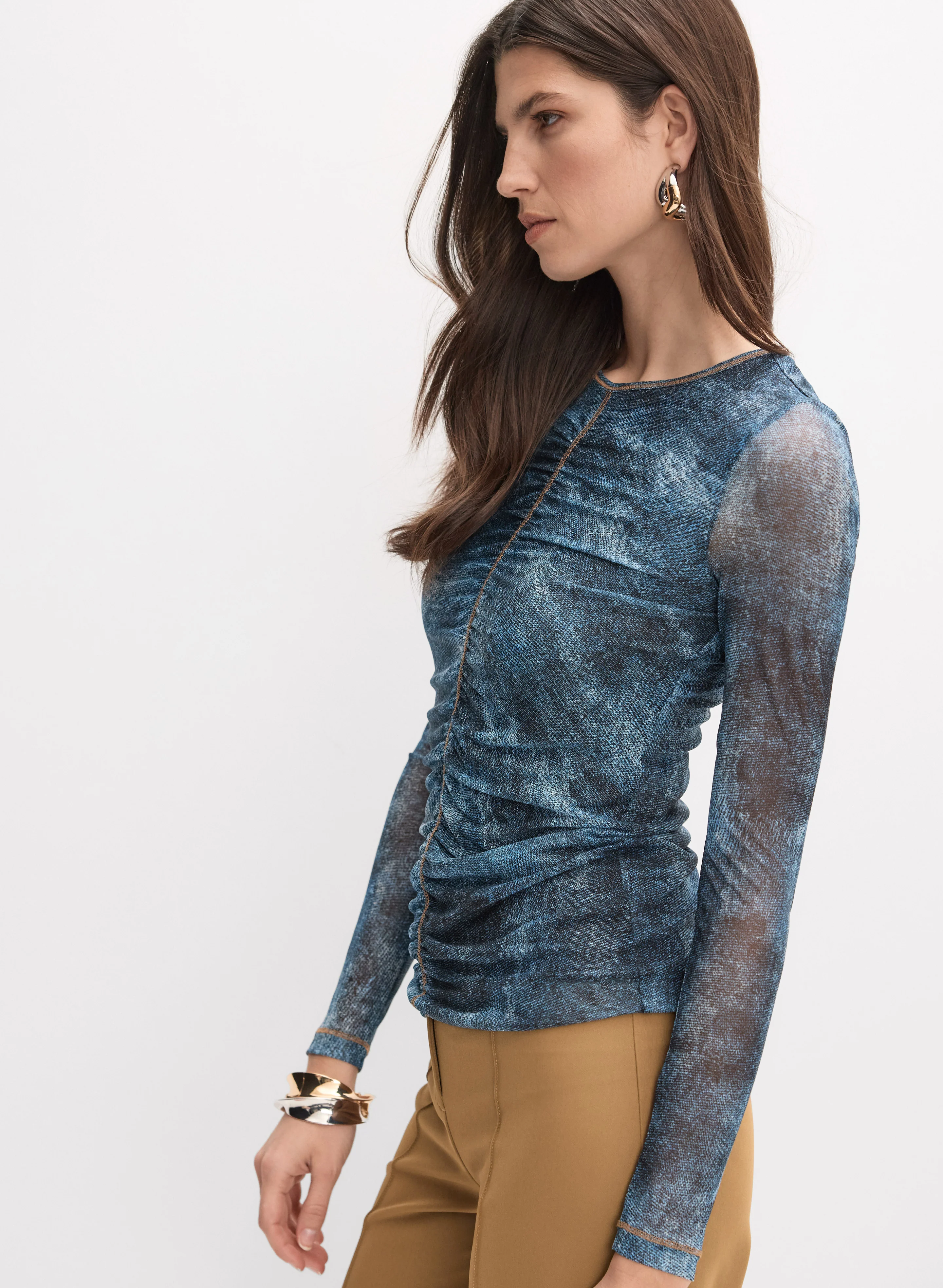 Denim Print Mesh Top - Image 5