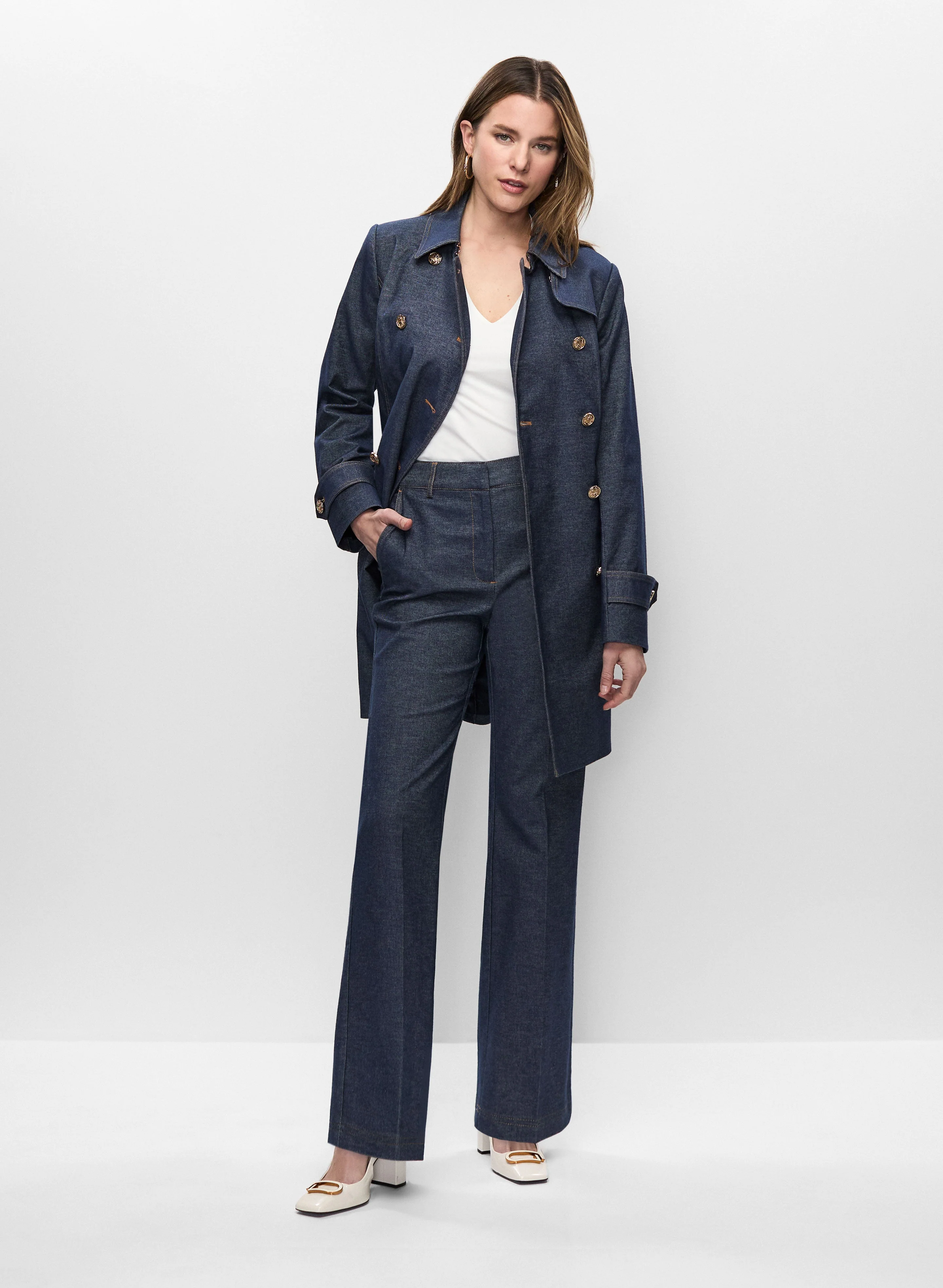 Denim Trench, Sleeveless V-Neck & Denim Pants
