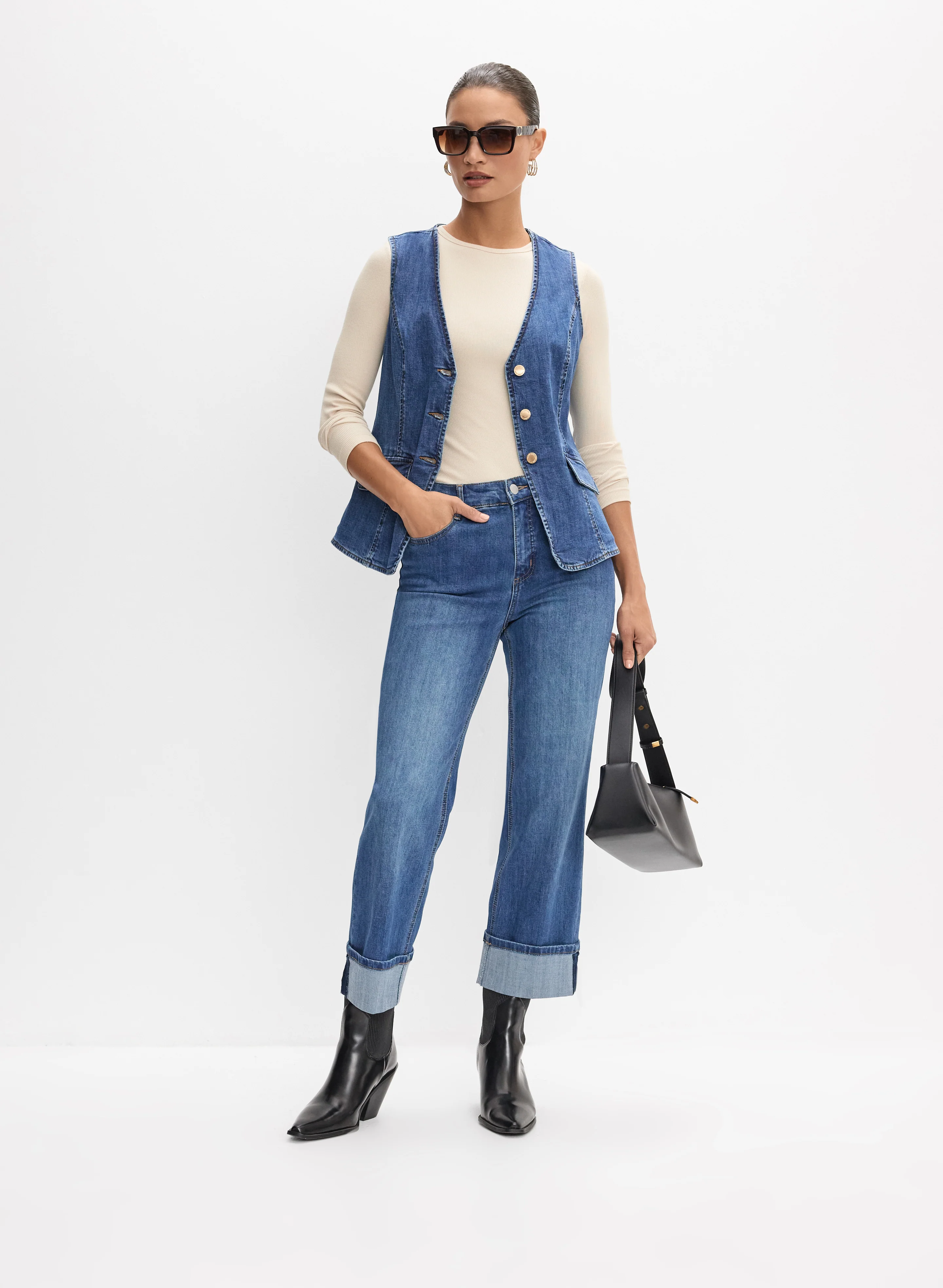 Denim Vest & Cuffed Wide-Leg Culotte Jeans
