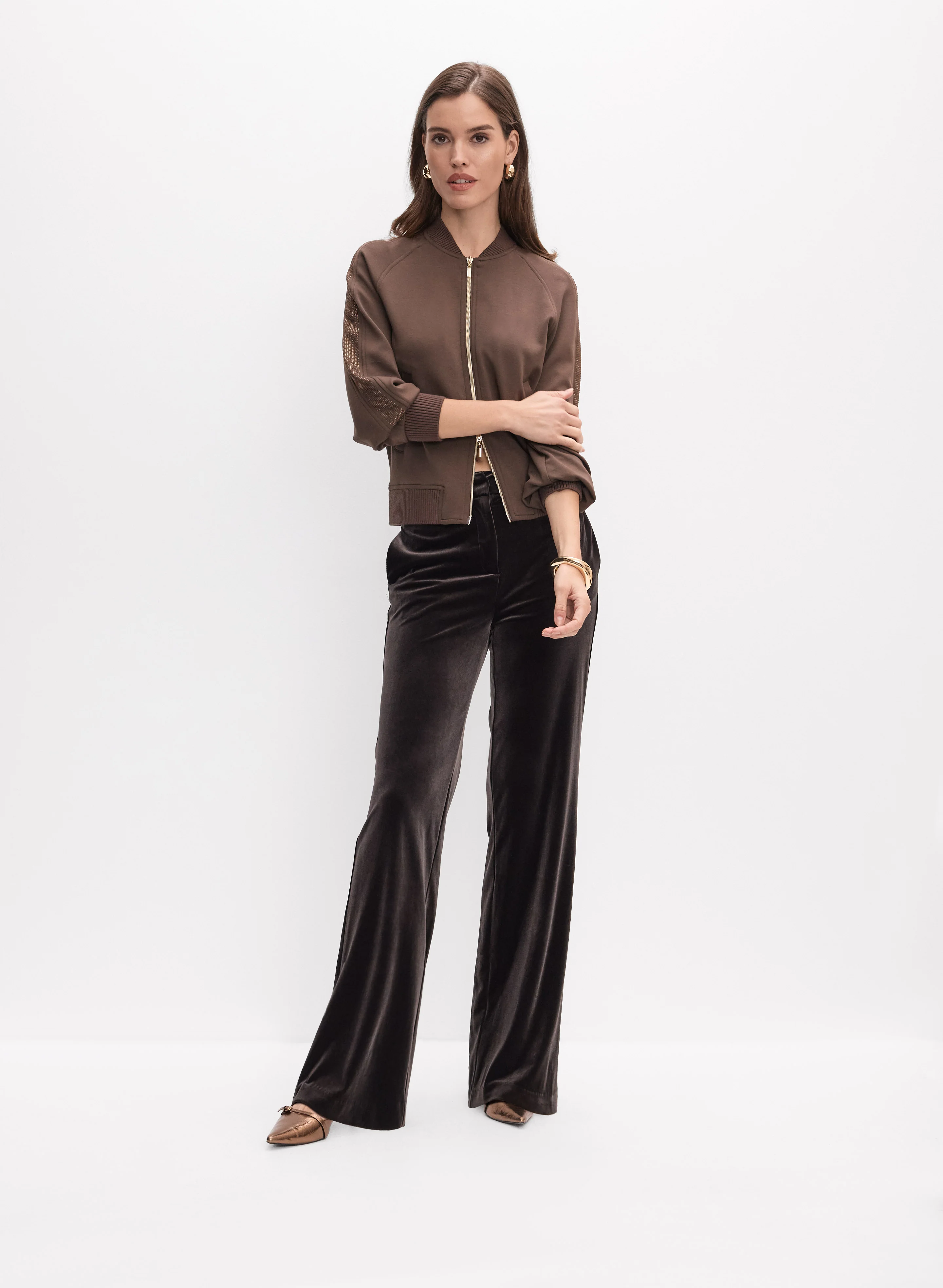 Embellished Zip-Up Jacket & Velvet Wide-Leg Pants