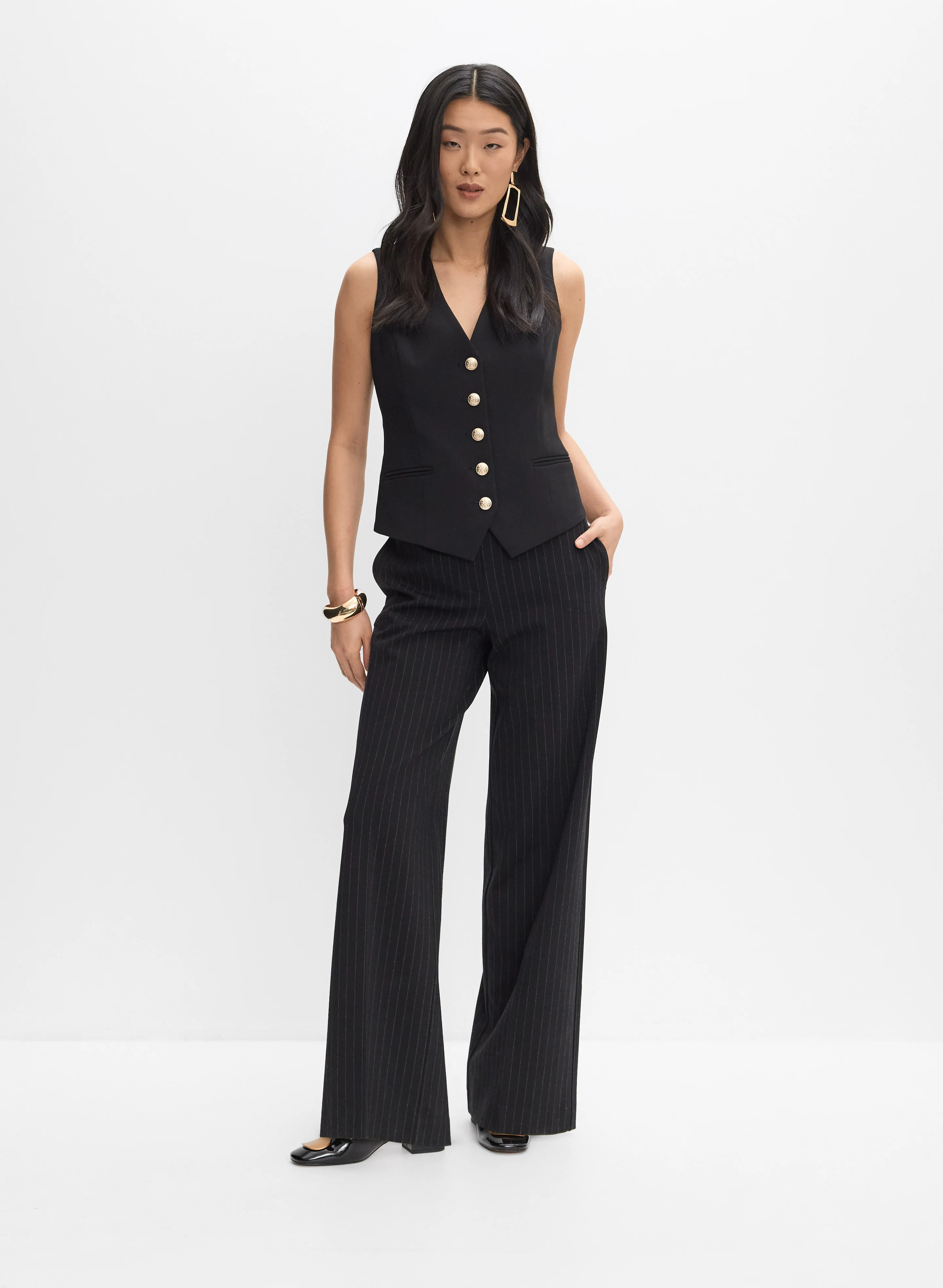 Embossed Button Vest & Pinstripe Wide-Leg Pants
