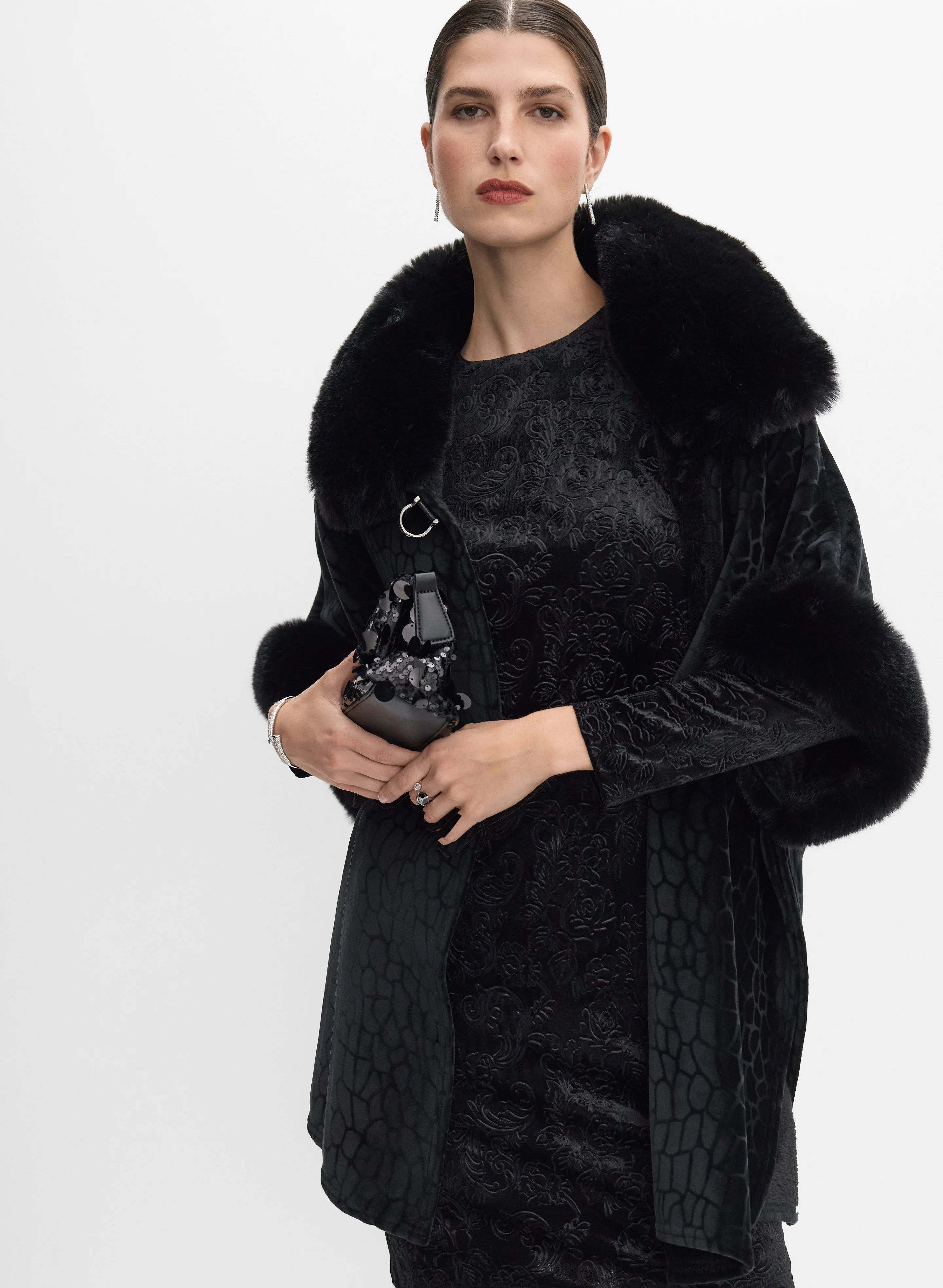 Embossed Faux-Fur Trim Poncho