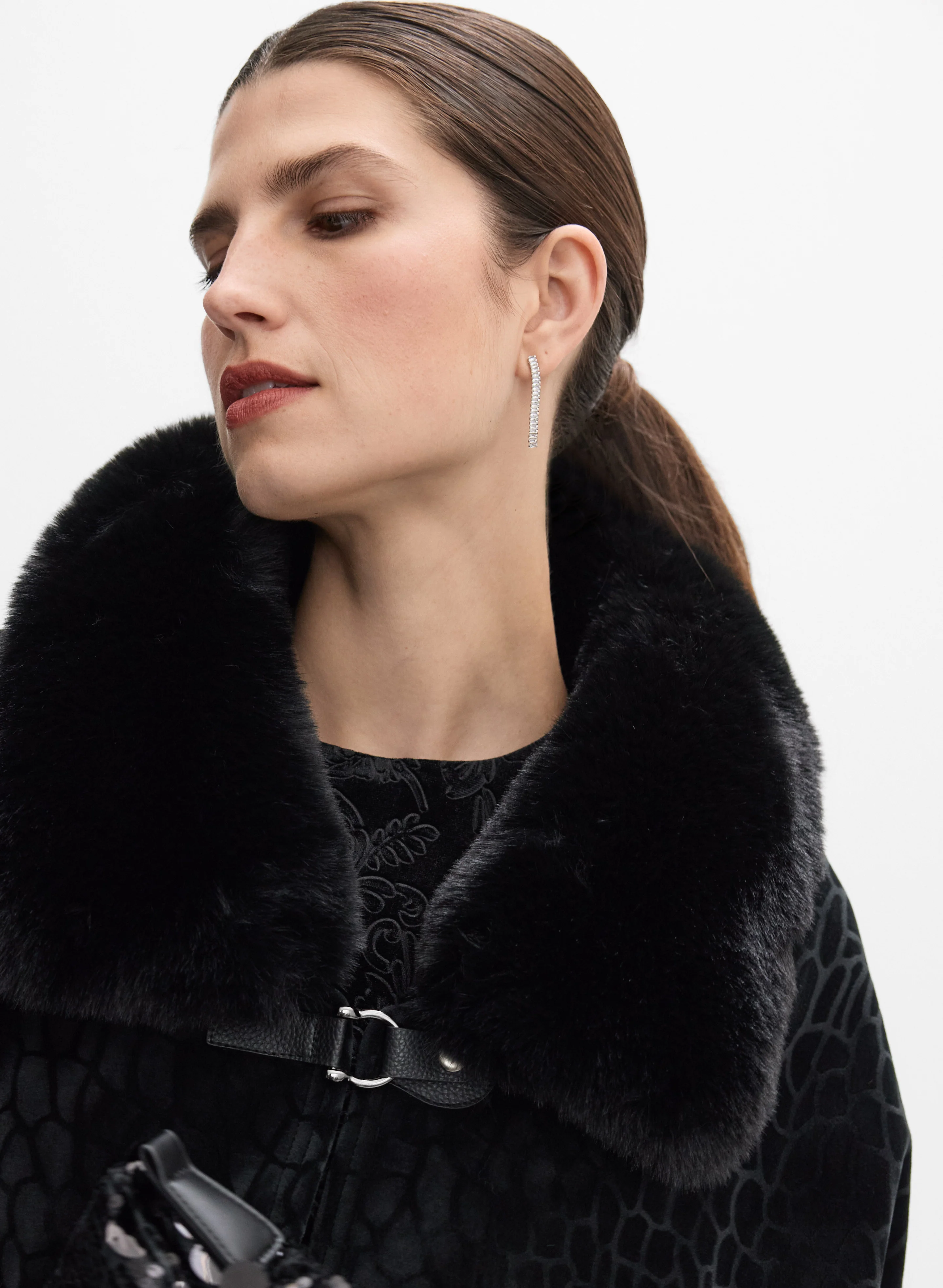 Embossed Faux-Fur Trim Poncho - Image 2