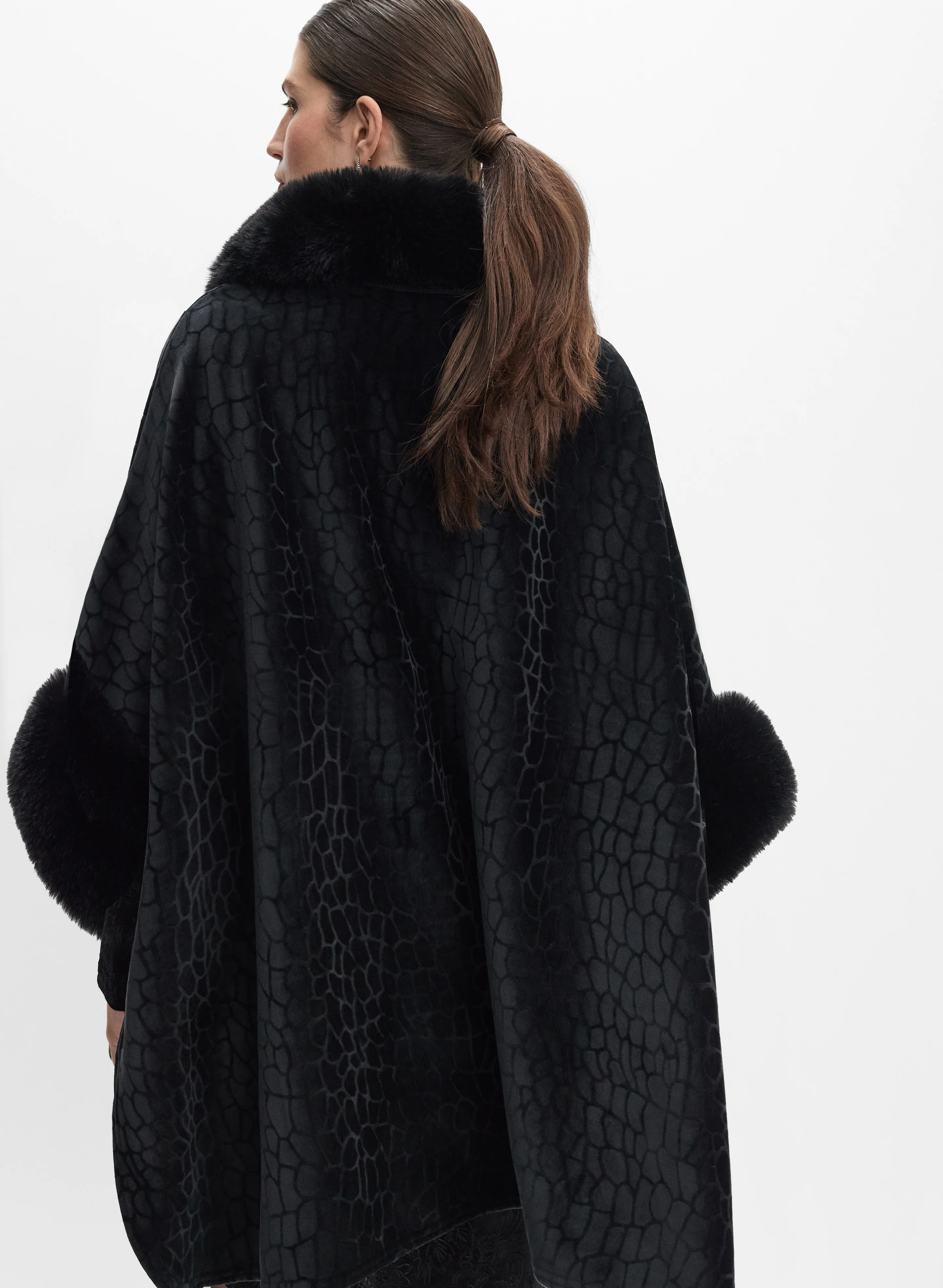 Embossed Faux-Fur Trim Poncho - Image 4