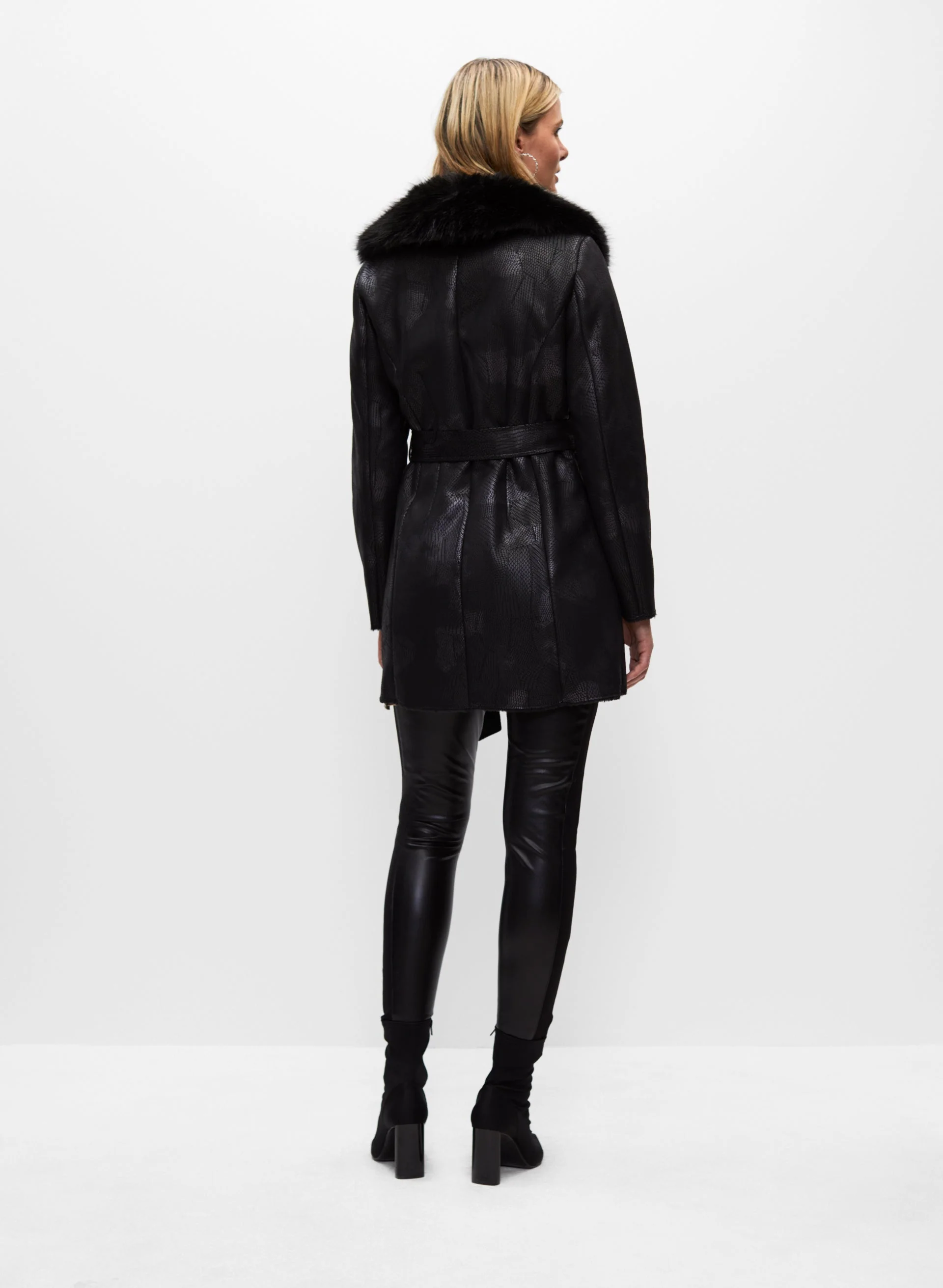 Faux Fur Shawl Collar Belted Coat - Image 3