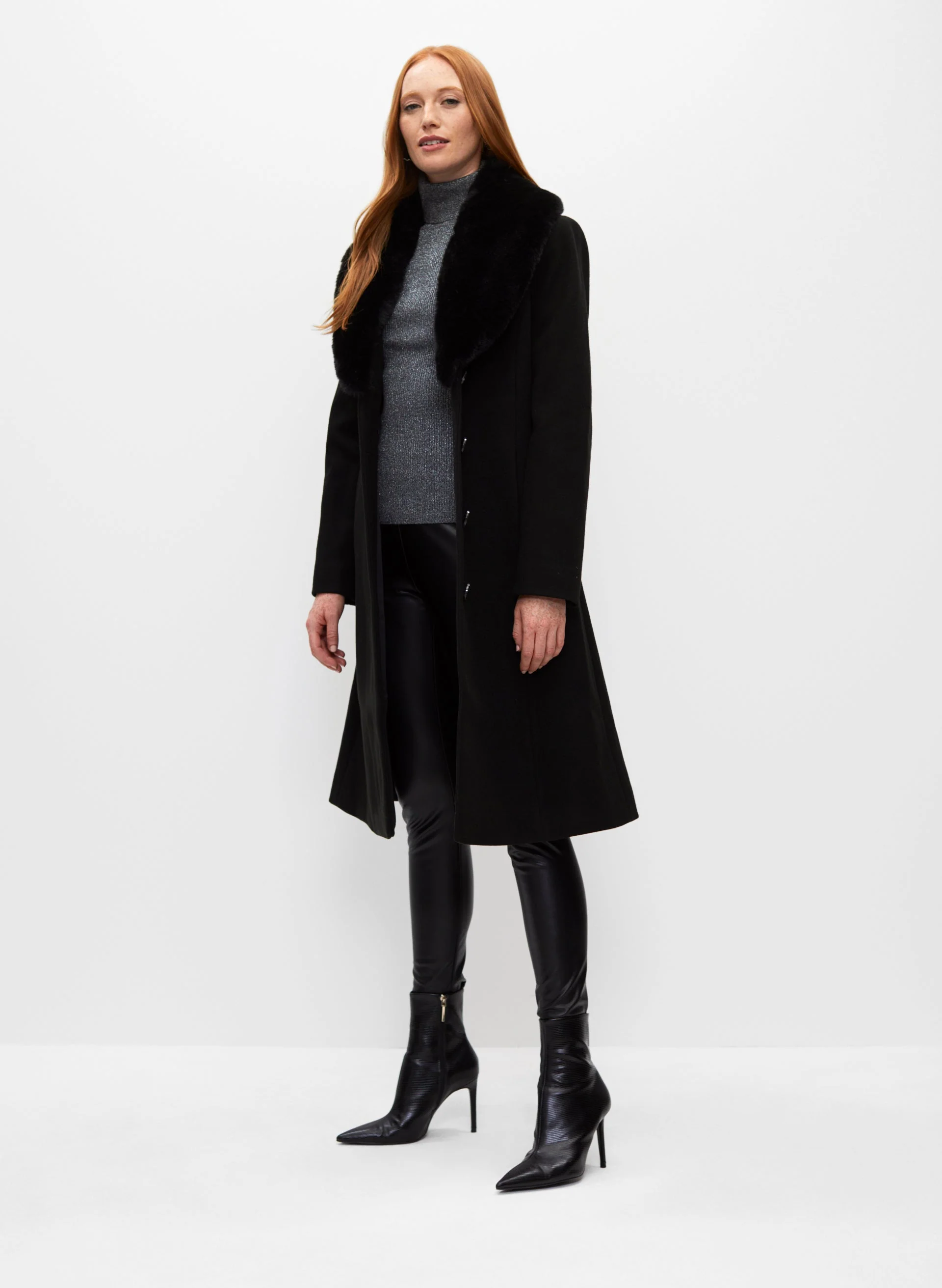 Faux Fur Stretch Wool Blend Coat - Image 4