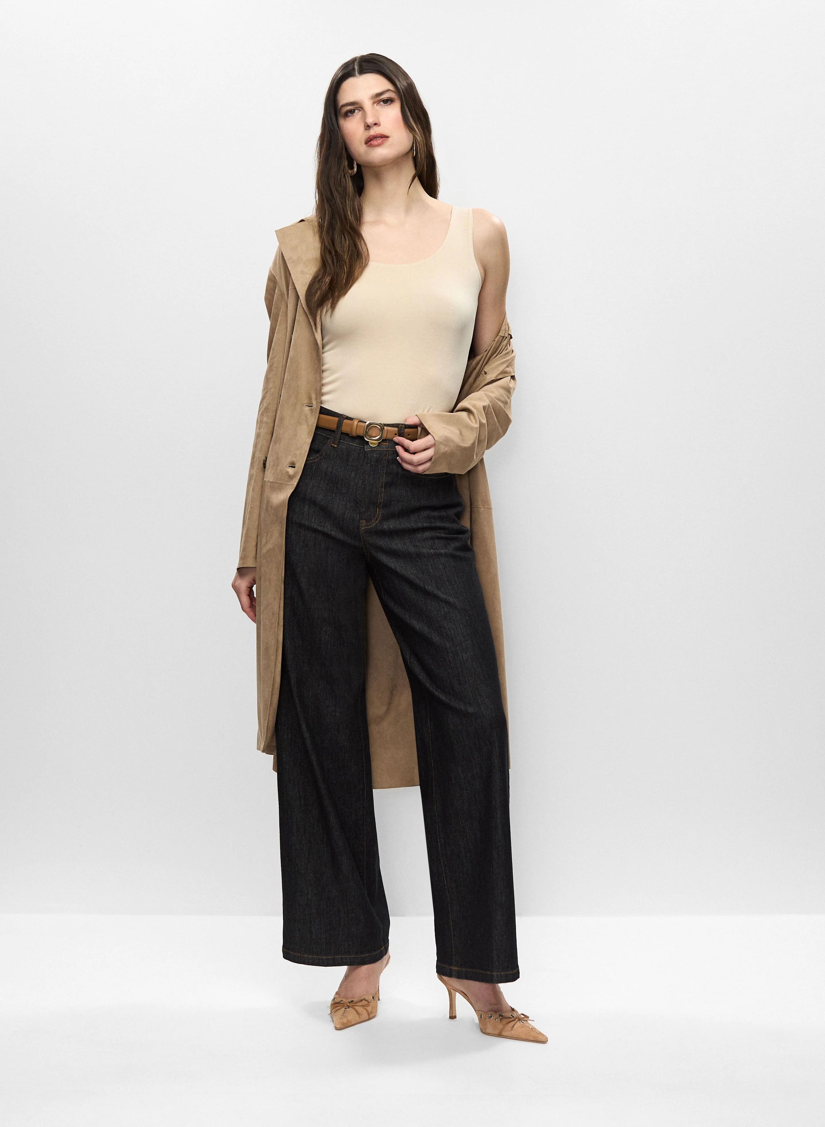 Faux Suede Trench & Wide Leg Jeans