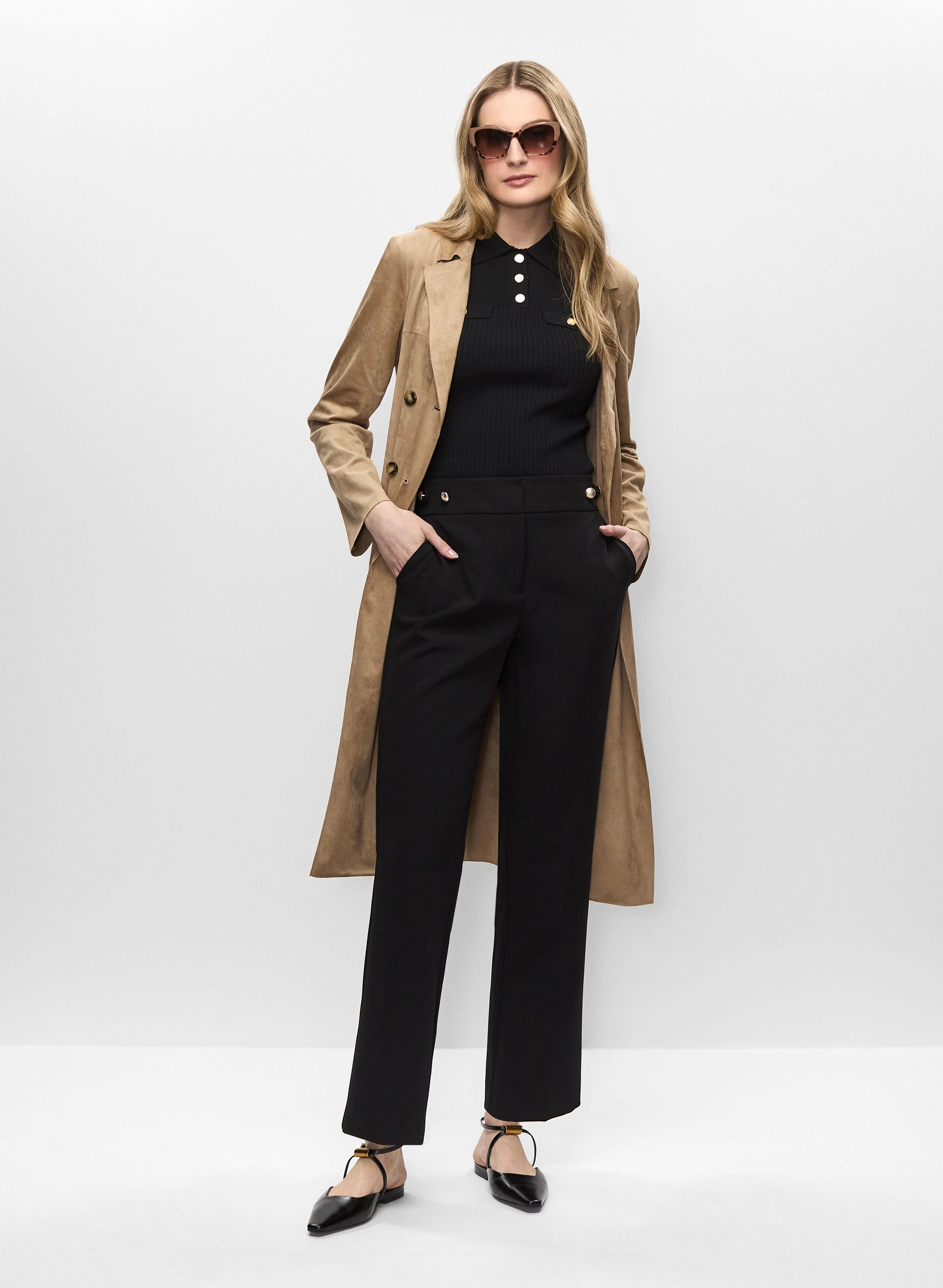 Faux Suede Trench, Sleeveless Knit & Straight Leg Trousers