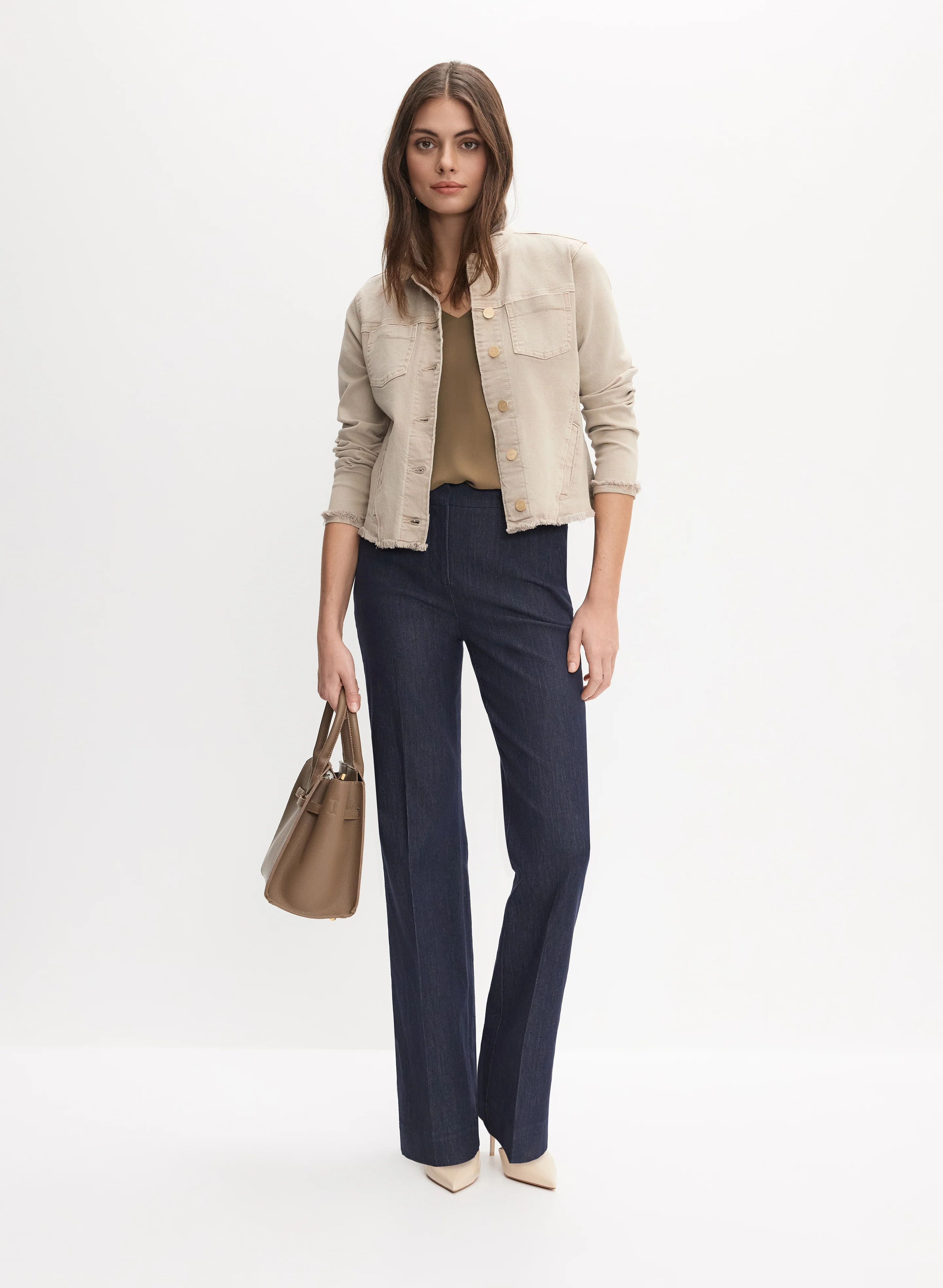Frayed Hem Denim Jacket & Satin Wide-Leg Cargo Pants