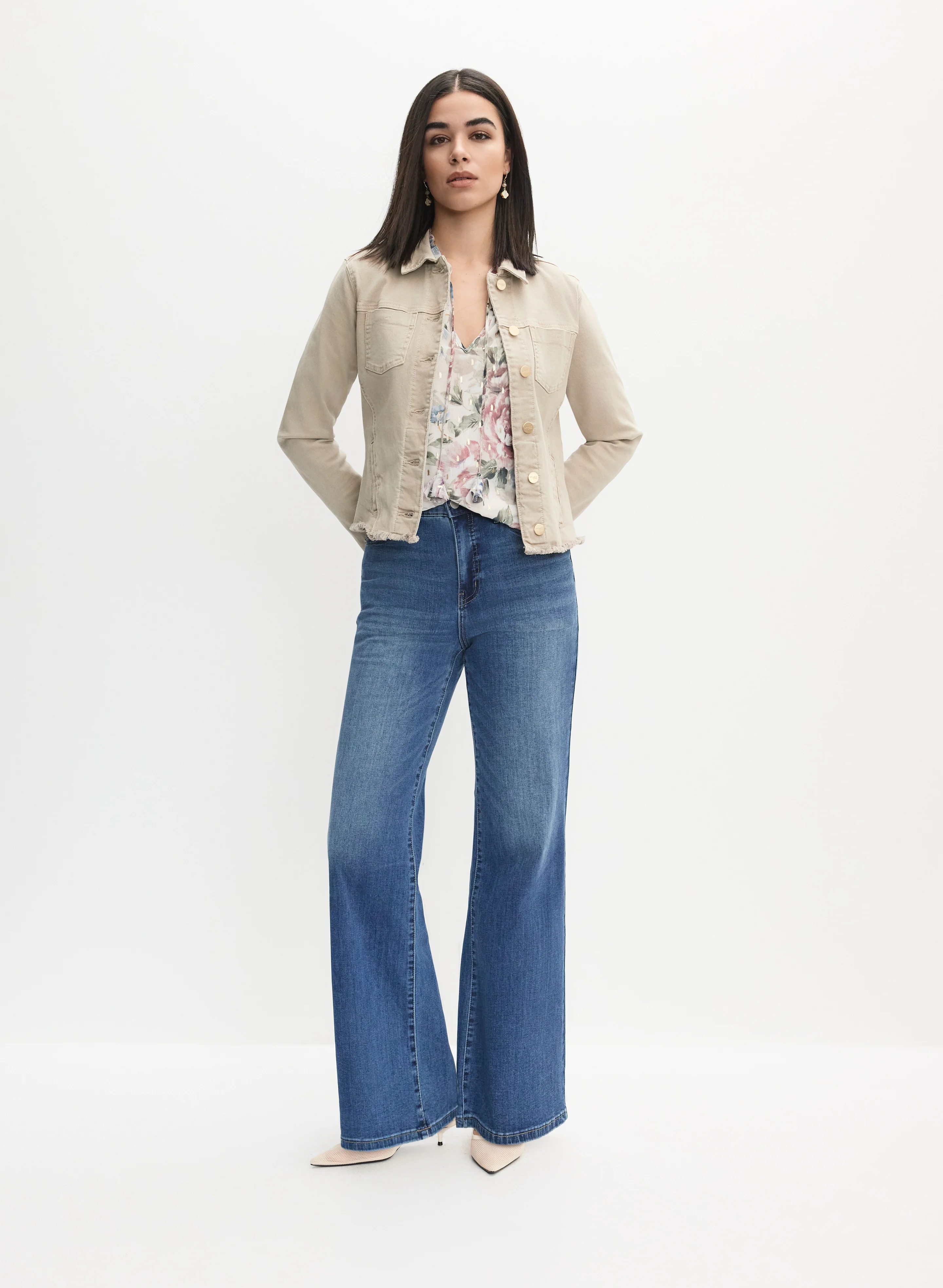 Frayed Hem Denim Jacket & Wide-Leg Jeans