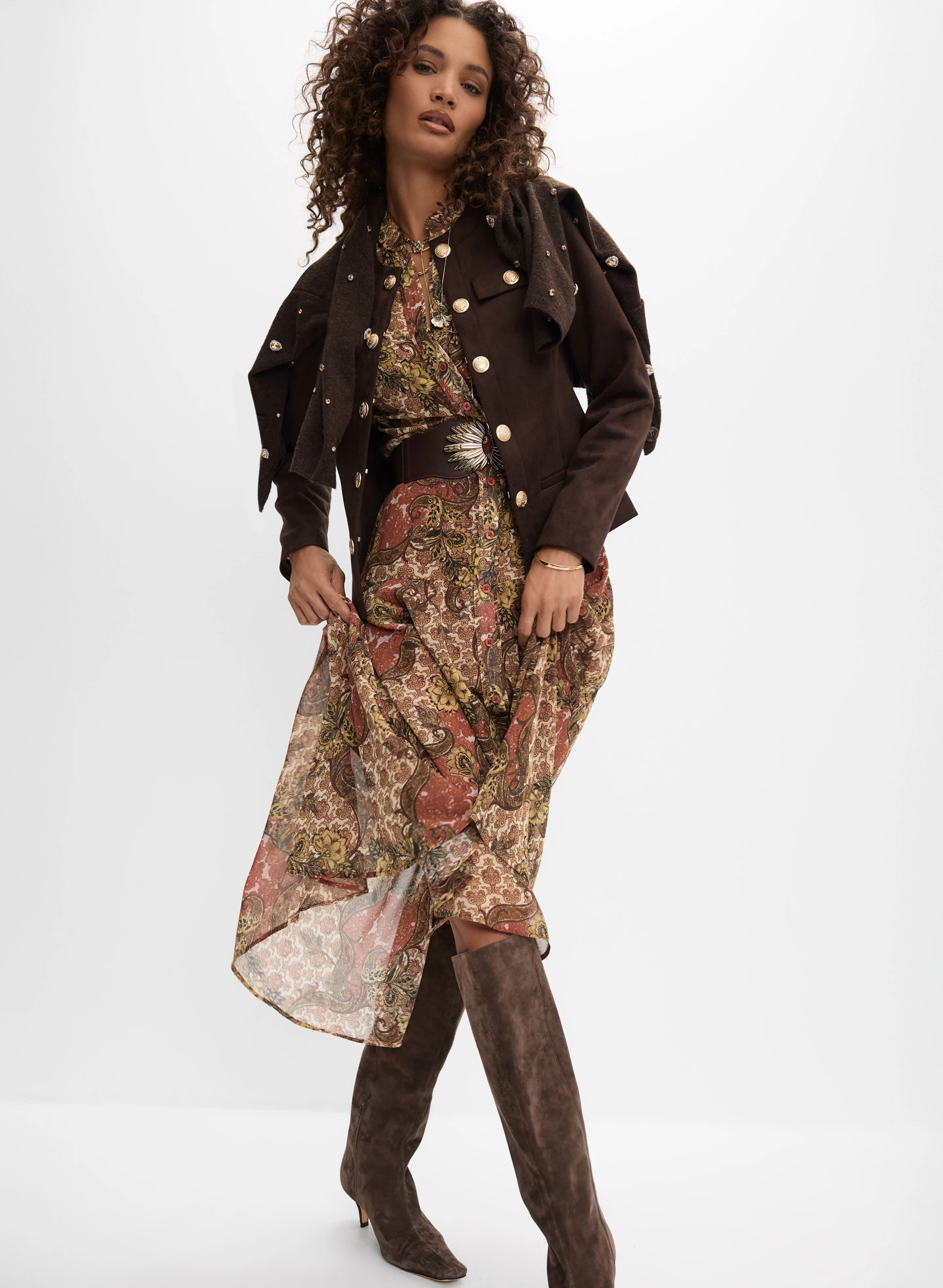 Jewel Embellished Cardigan & Belted Paisley Shirt Dress