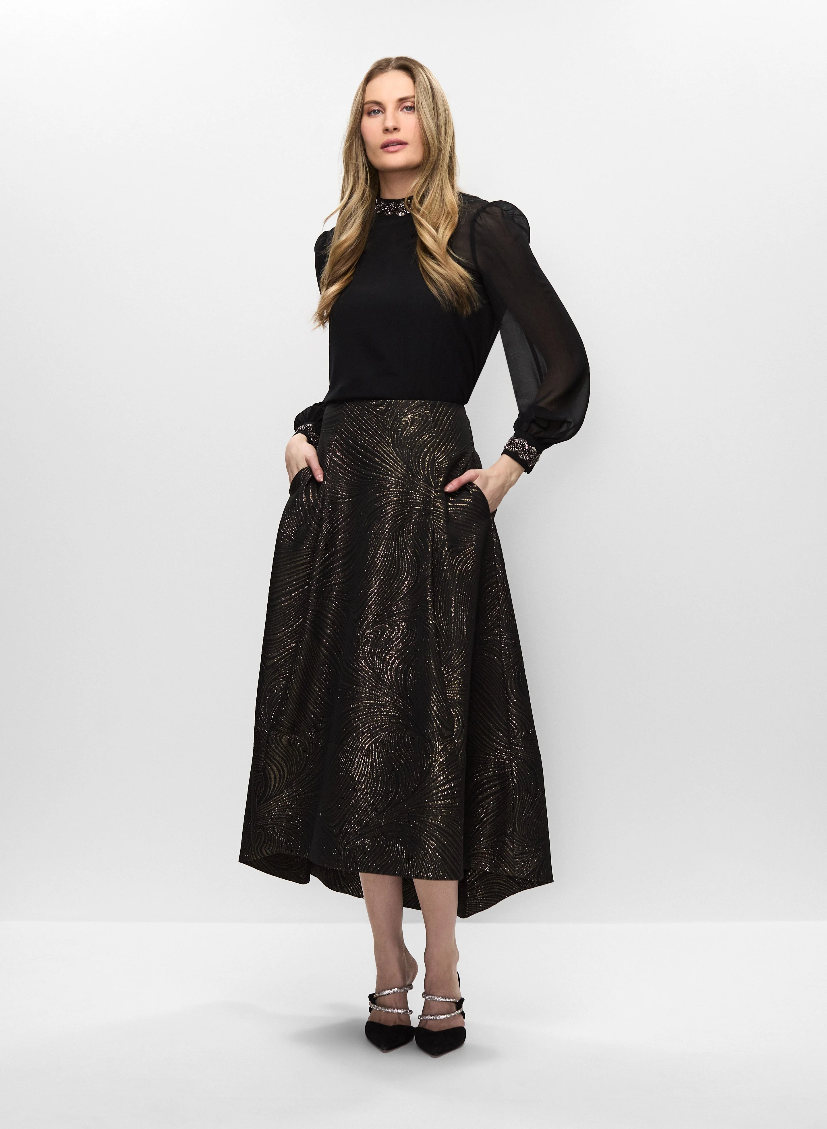 Jeweled Chiffon Blouse & Metallic Skirt