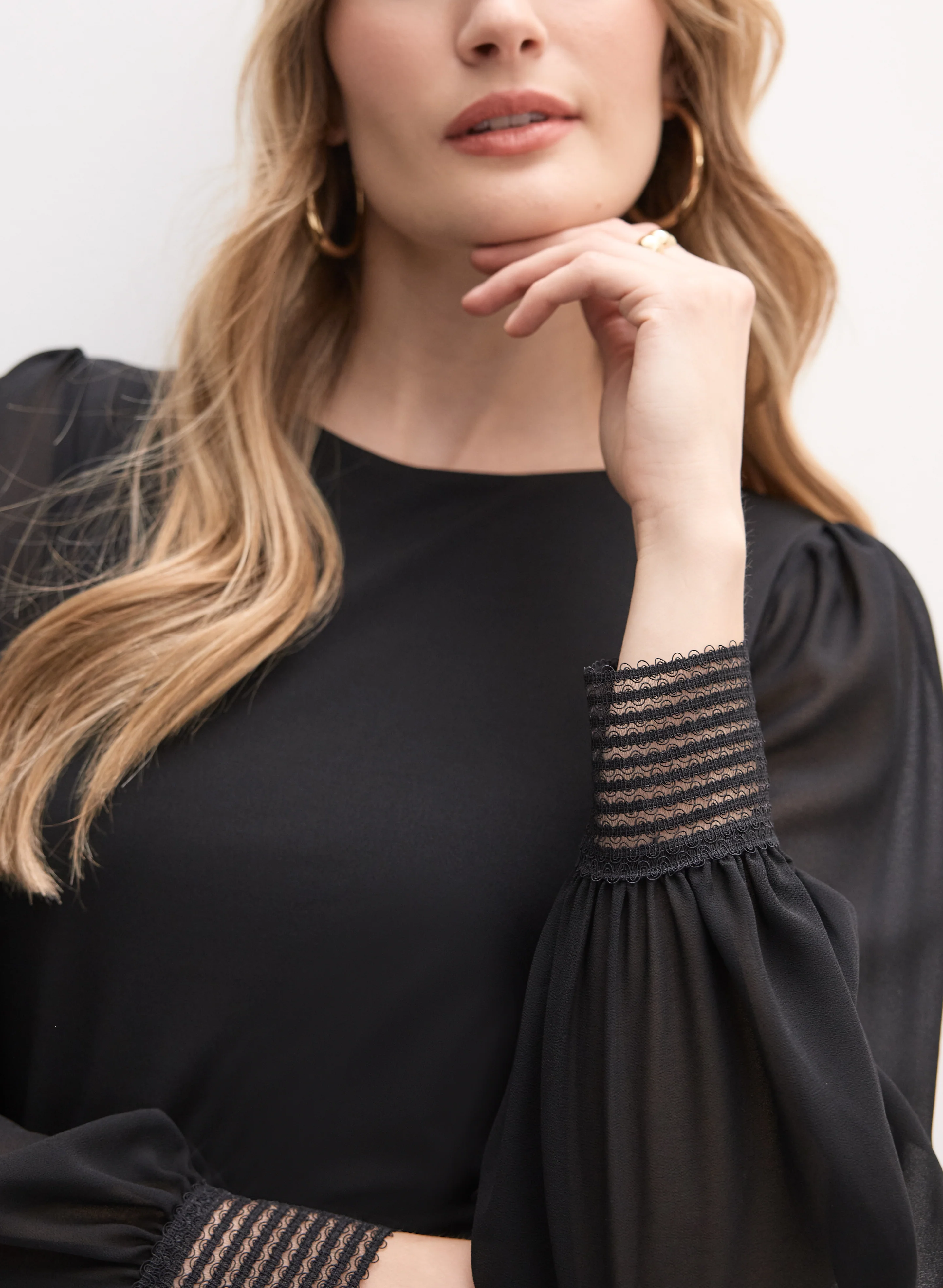 Lace Cuff Crew Neck Top - Image 2