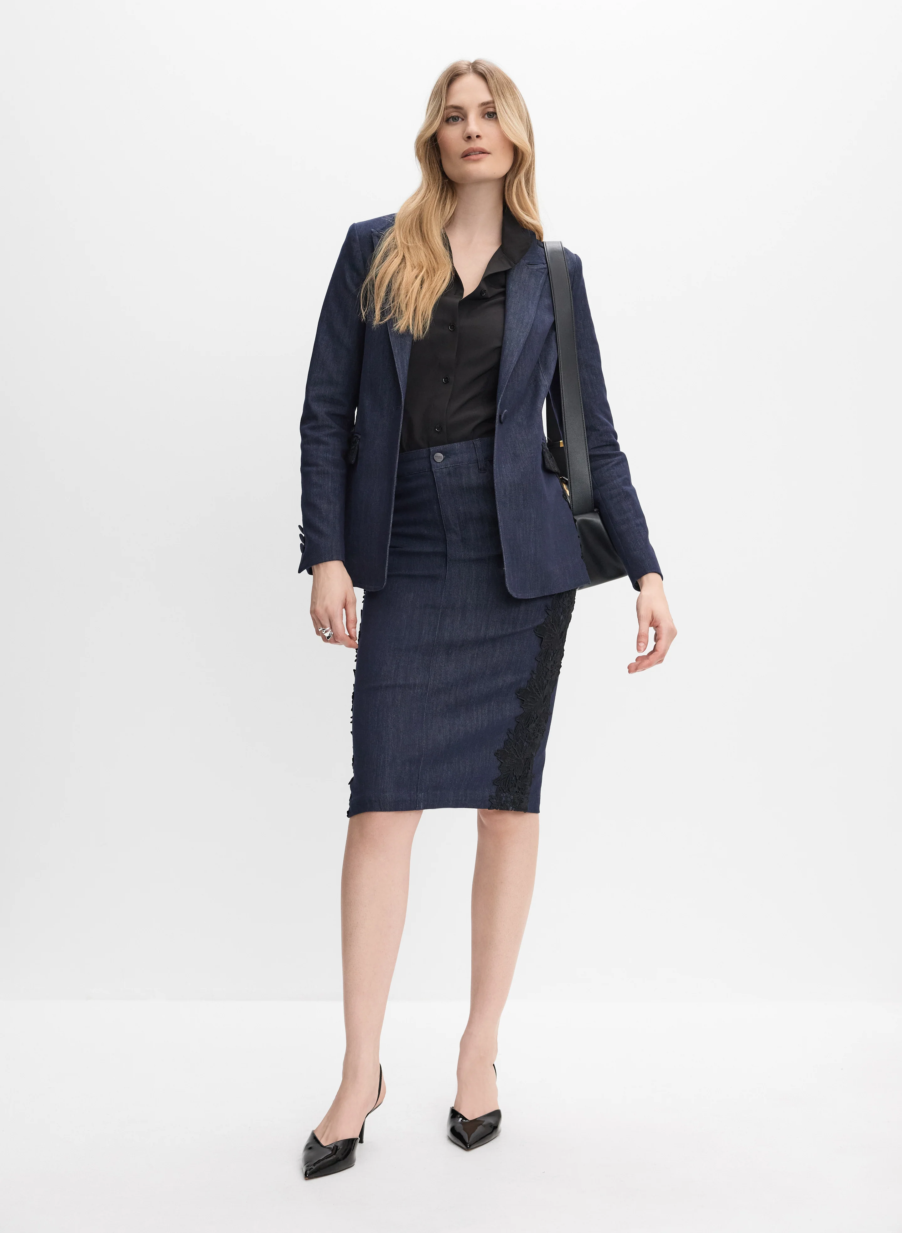 Lace Detail Denim Blazer & Embroidered Denim Skirt