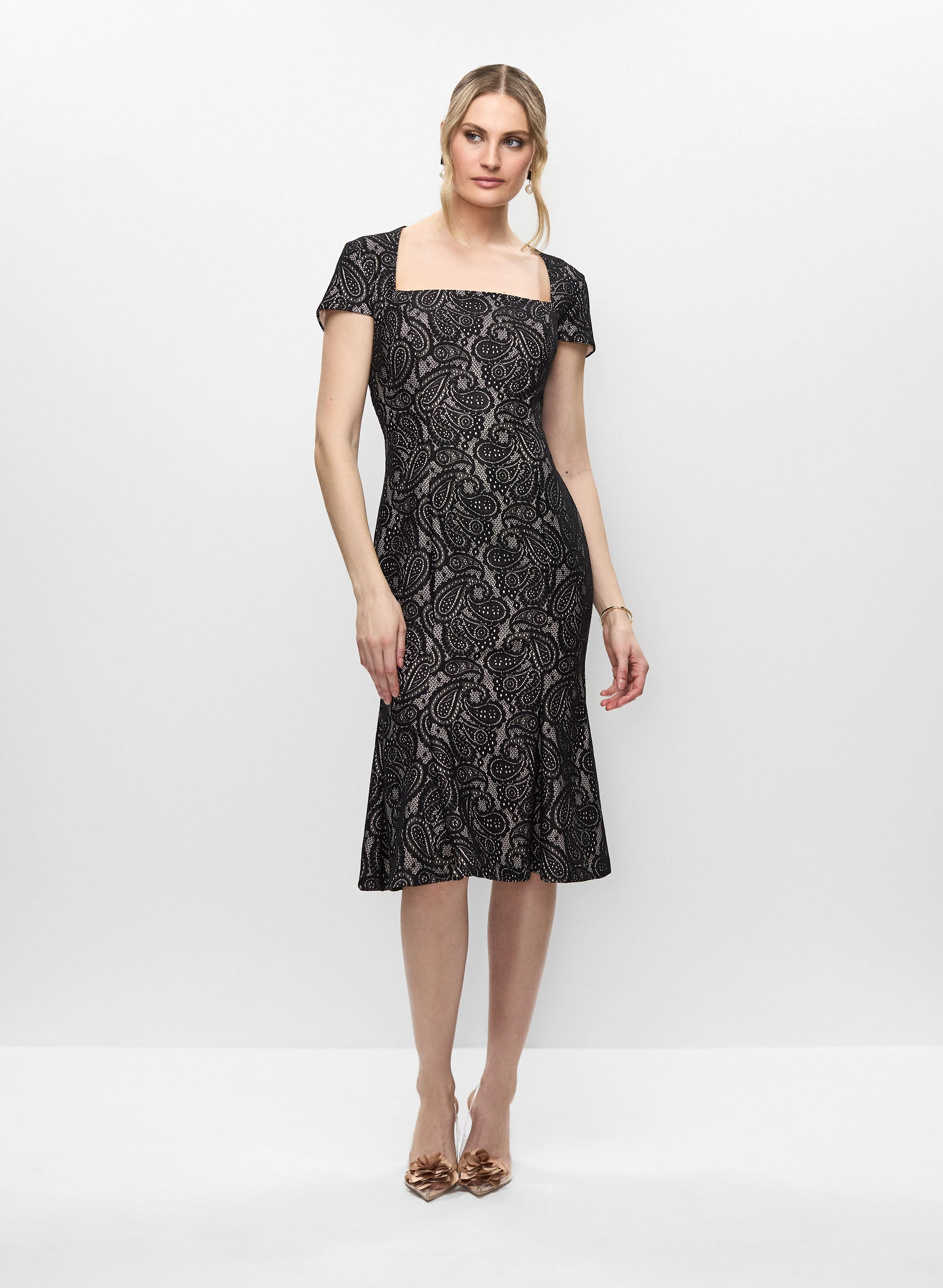 Lace Motif Dress & Square Stone Earrings