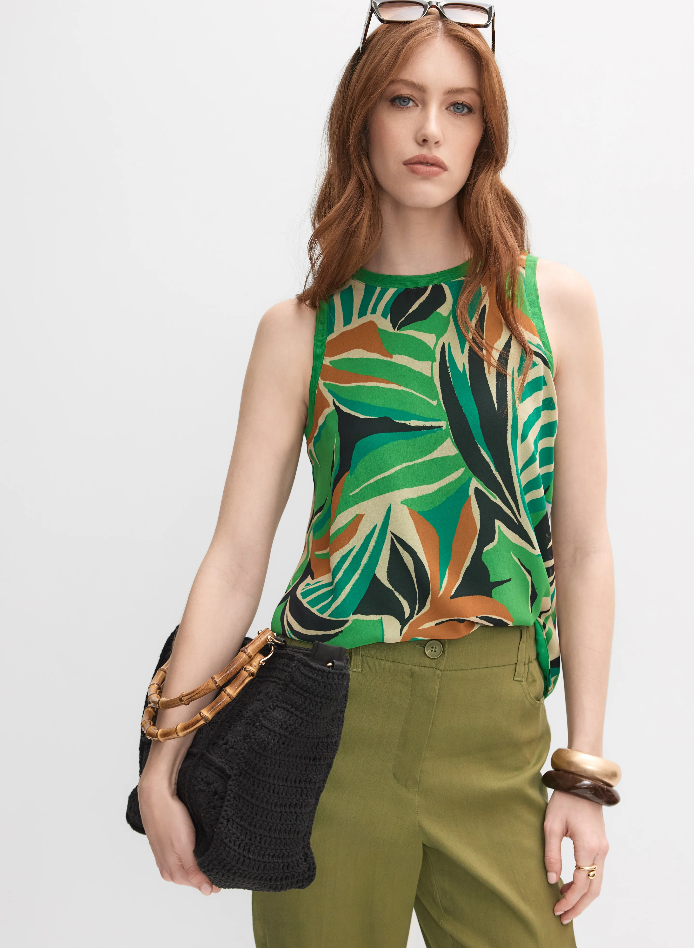 Leaf Print Sleeveless Blouse