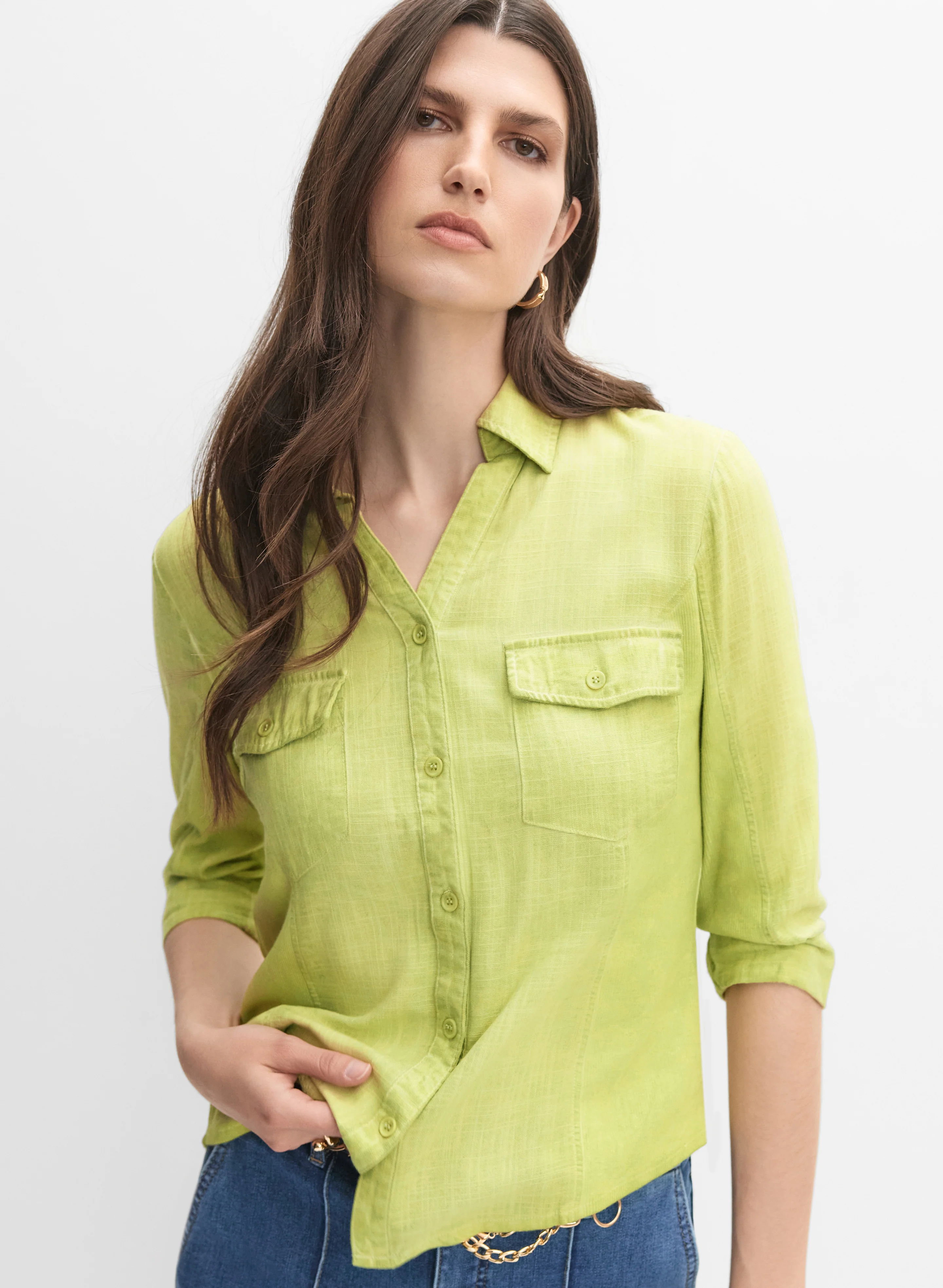 Linen-Blend Crosshatch Detail Blouse - Image 5