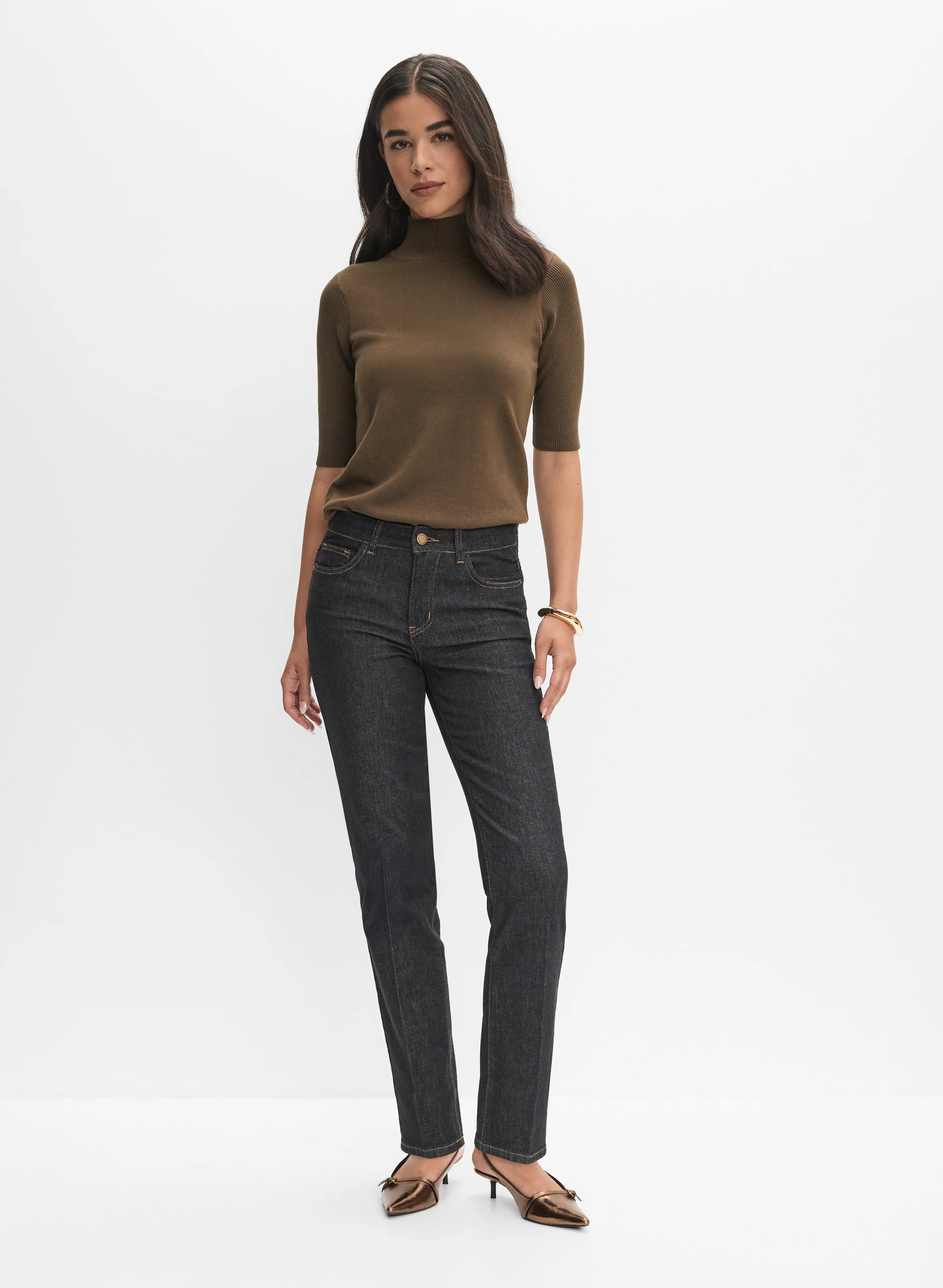 Mock Neck Sweater & Contrast Stitch Straight-Leg Jeans