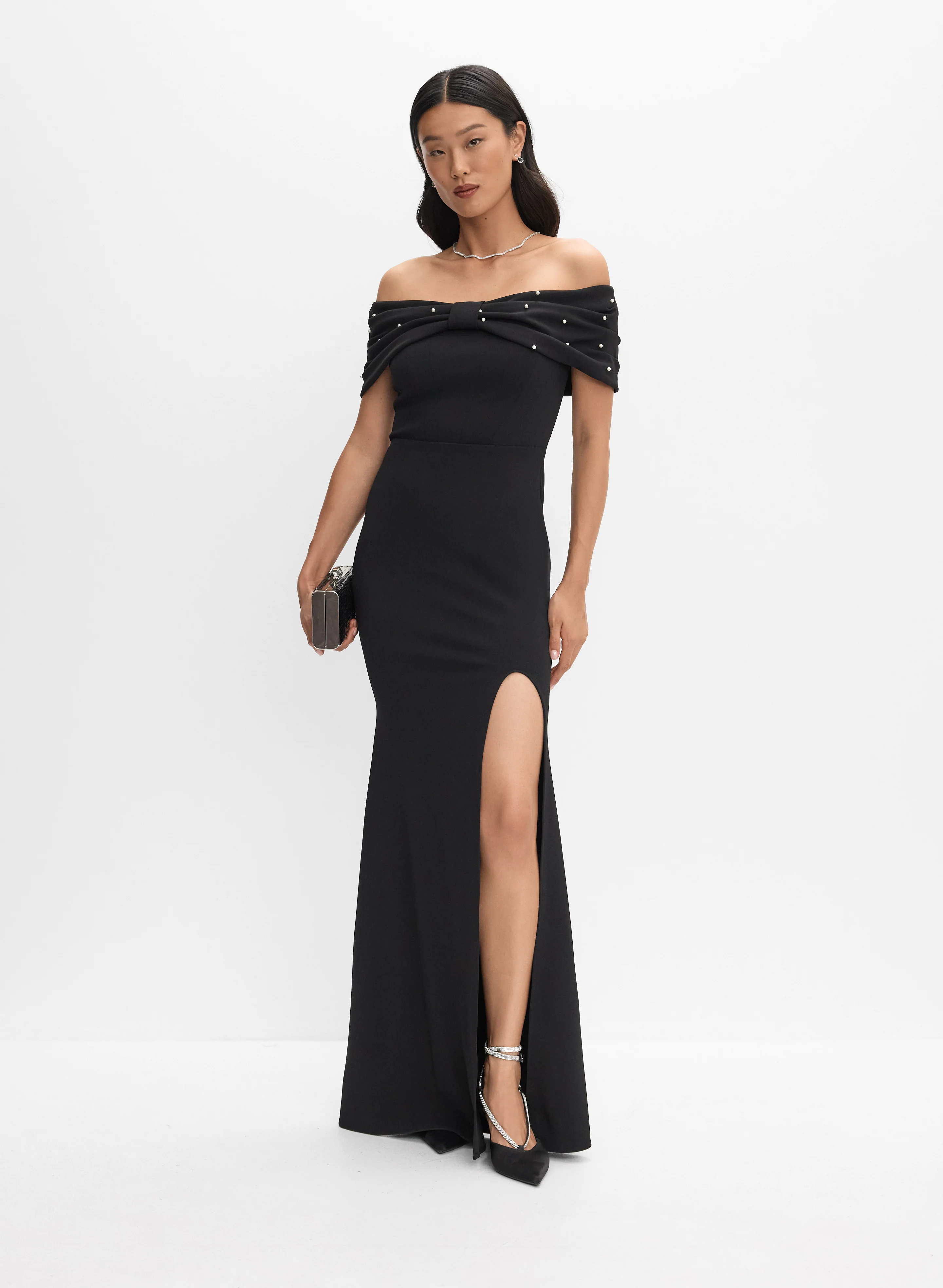 Pearl Embellished Off-Shoulder Dress