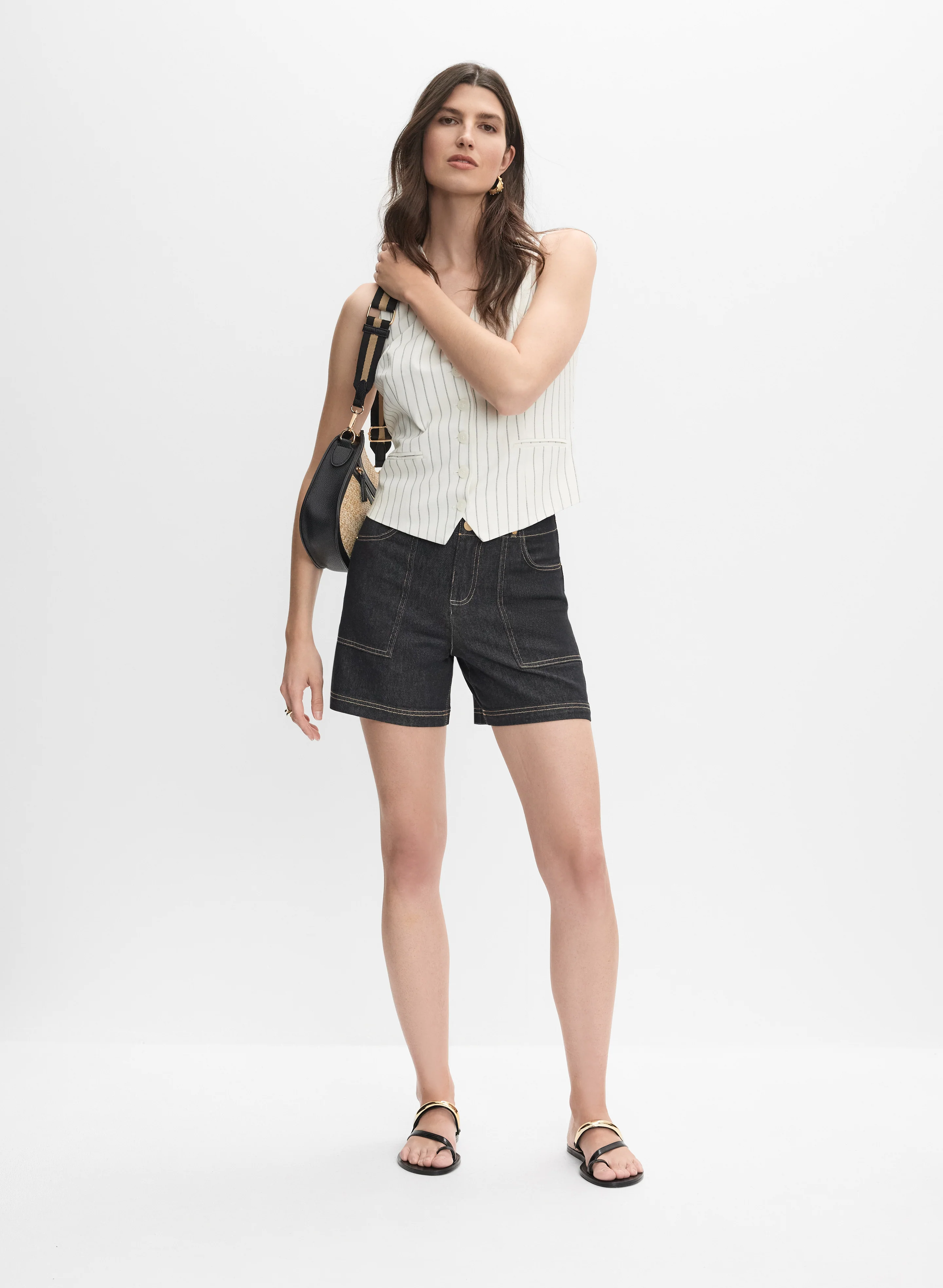 Pinstripe Linen-Blend Vest & Double-Button Jean Shorts