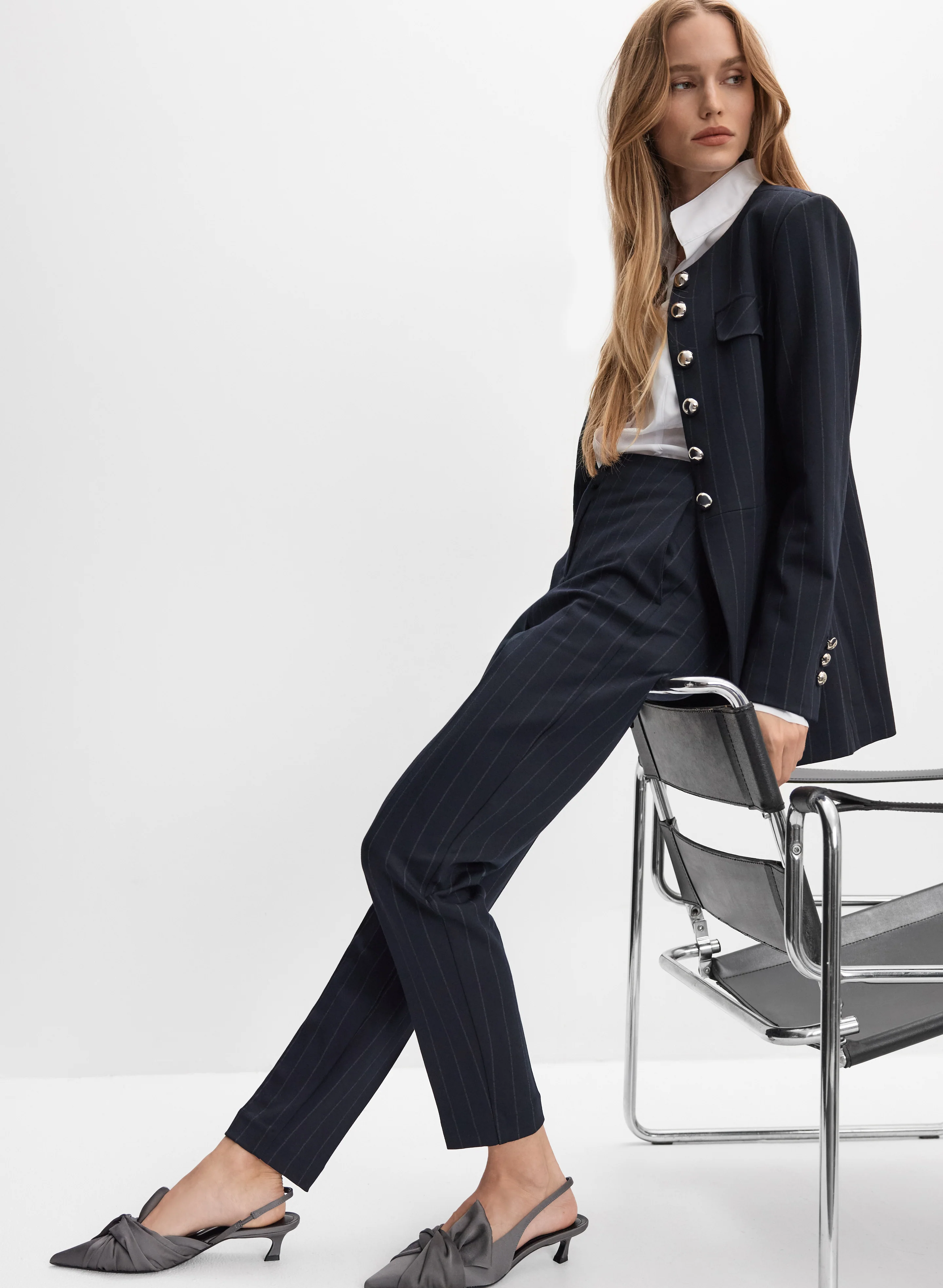 Pinstripe Long Blazer - Image 3