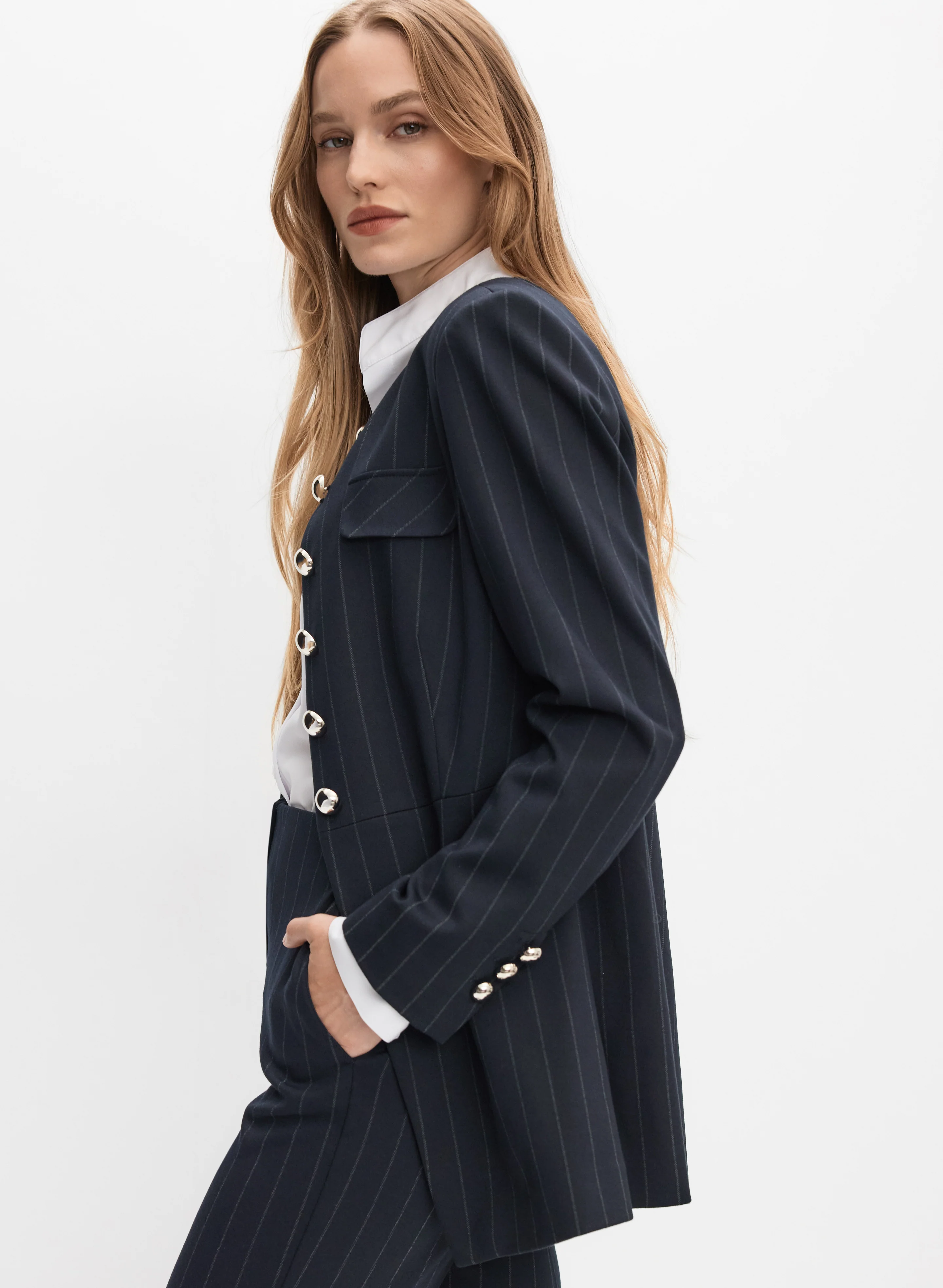 Pinstripe Long Blazer - Image 5