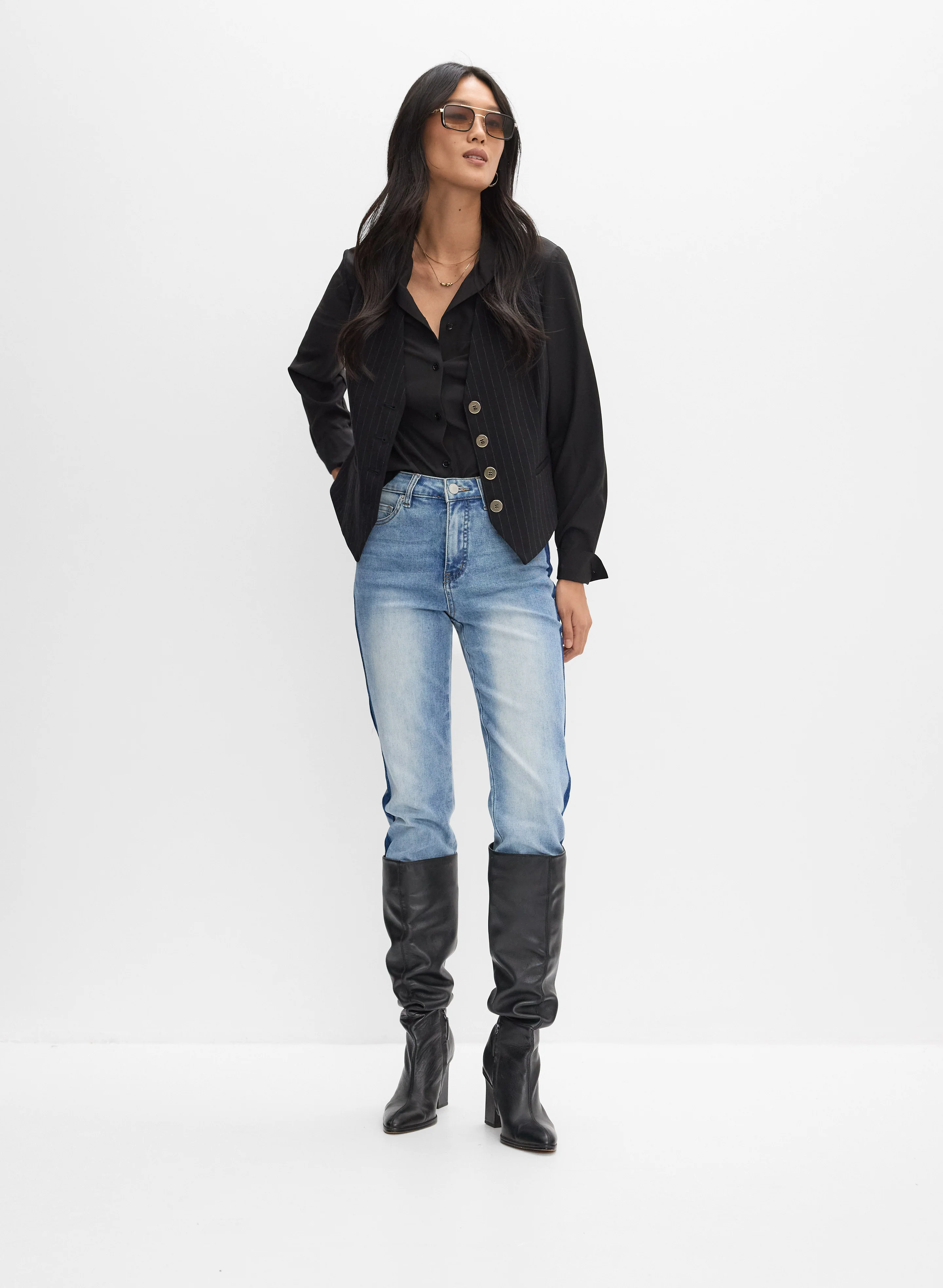 Pinstripe Vest, Stand Collar Blouse & Washed Seam Jeans