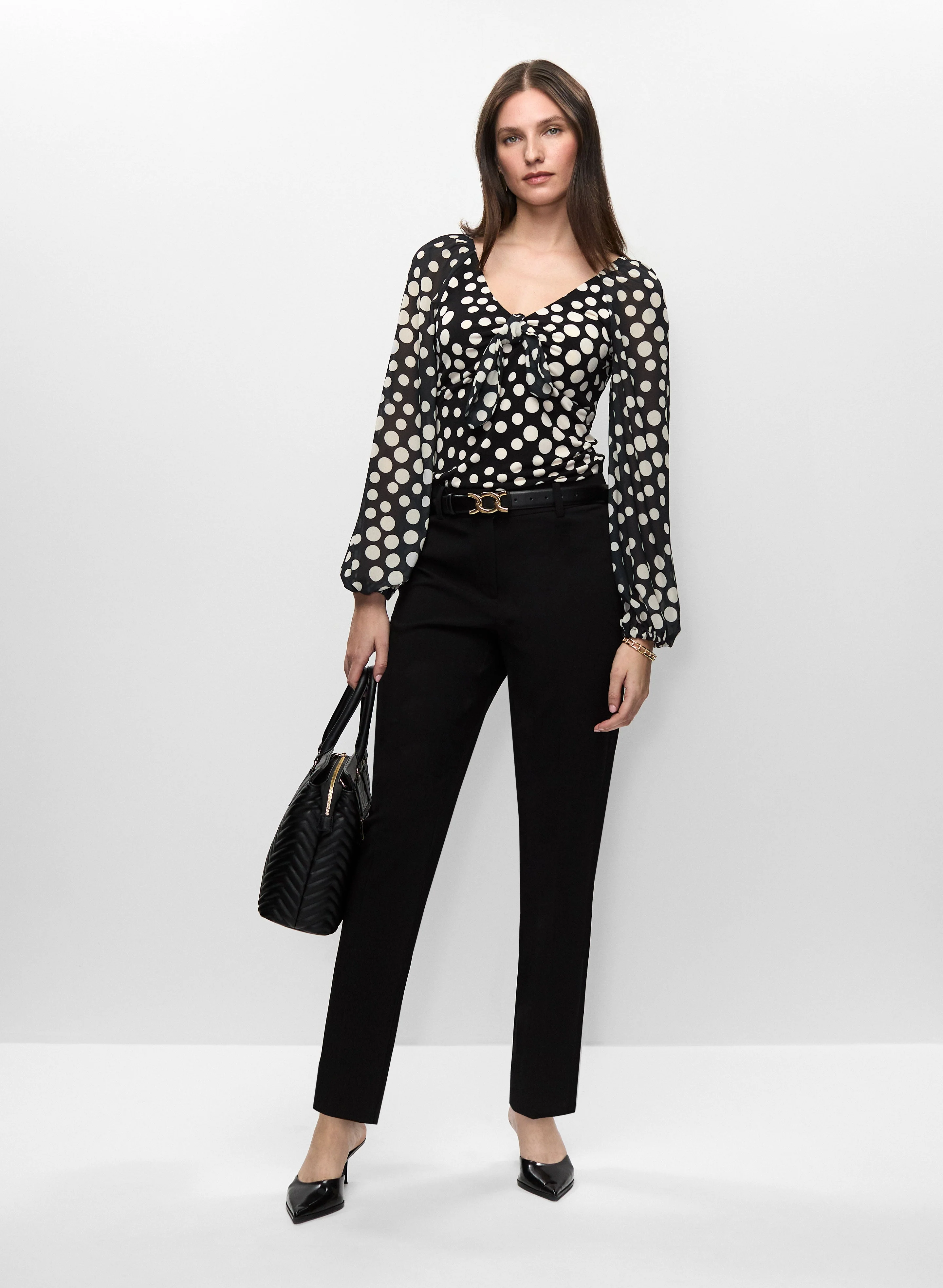 Polka Dot Chiffon Top & Slim Leg Pants