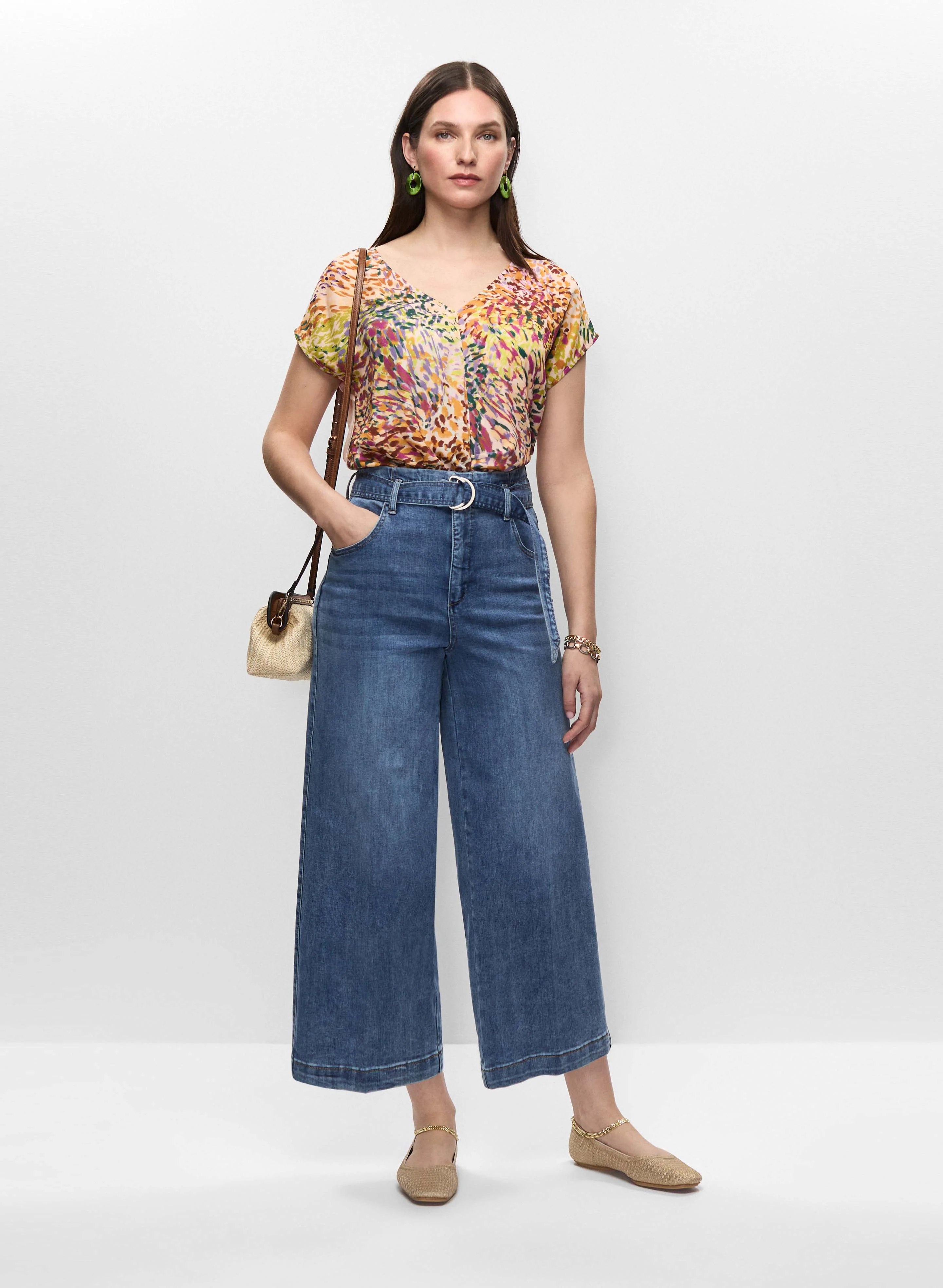 Printed Wrap-Style Top & Belted Culotte Jeans