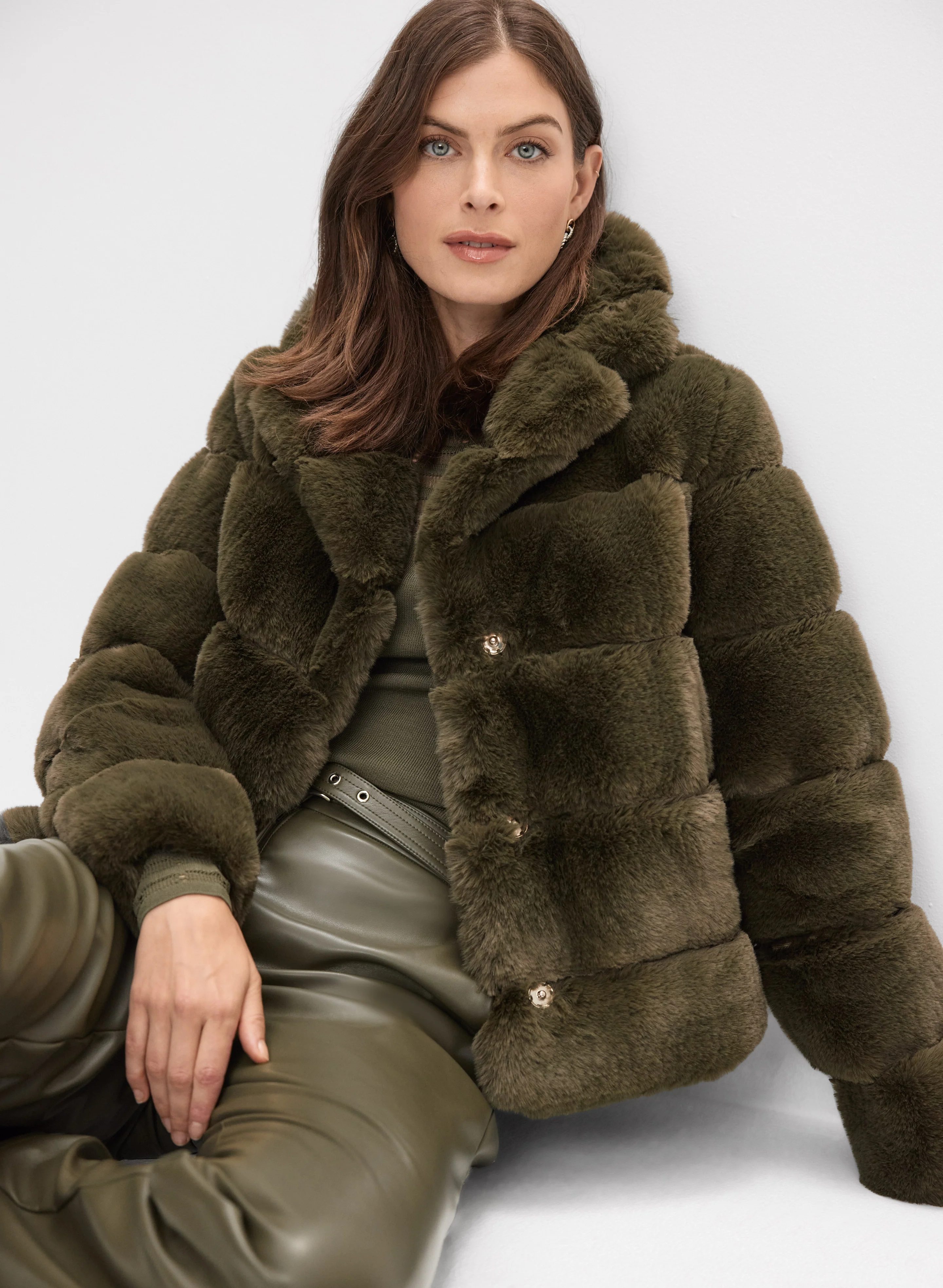 Ribbed Faux Fur Coat & Sheer Striped Detail Sweater