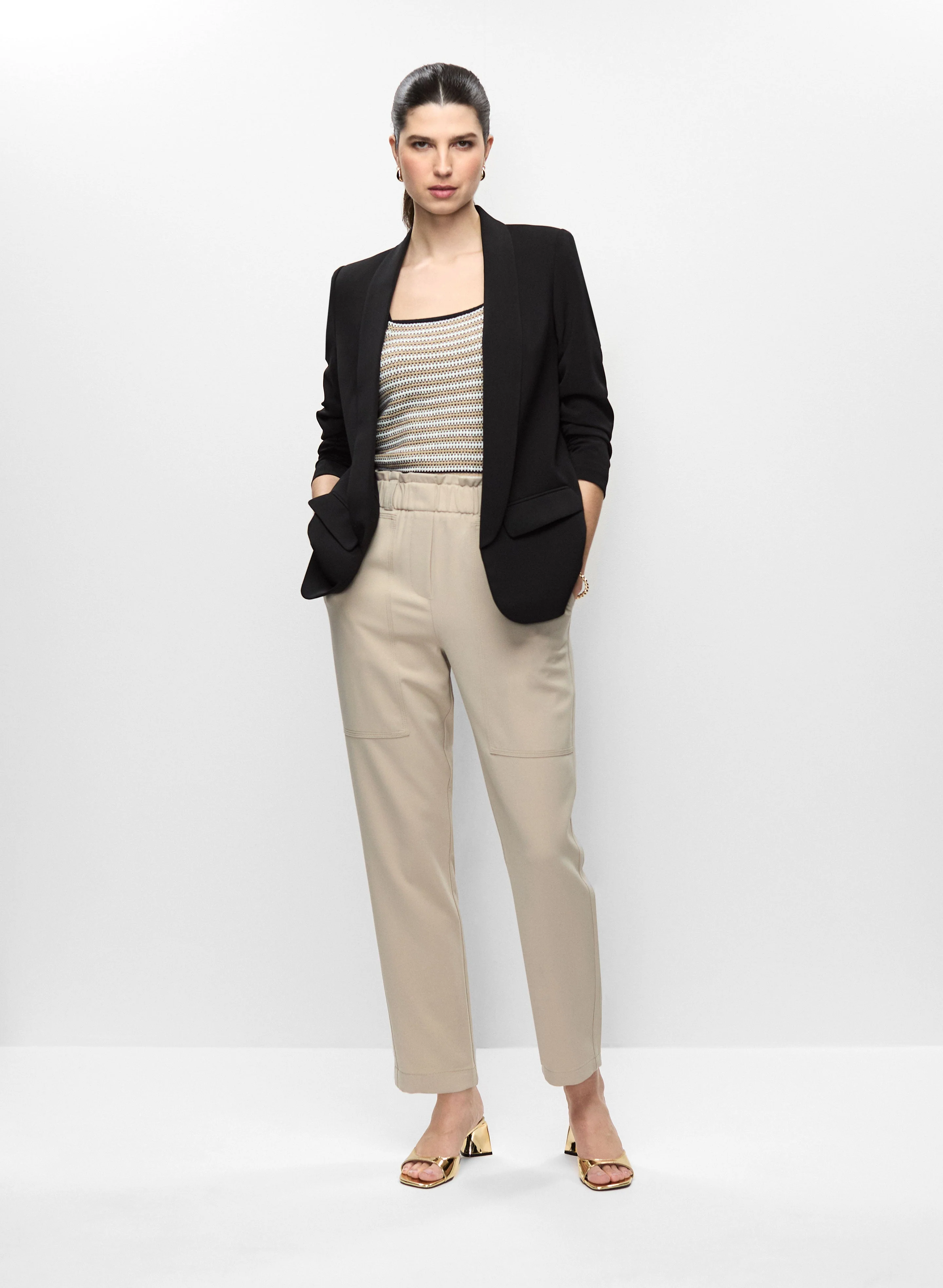 Roll-Up Sleeve Jacket, Striped Knit Cami & Ruffle Waist Pull-On Pants