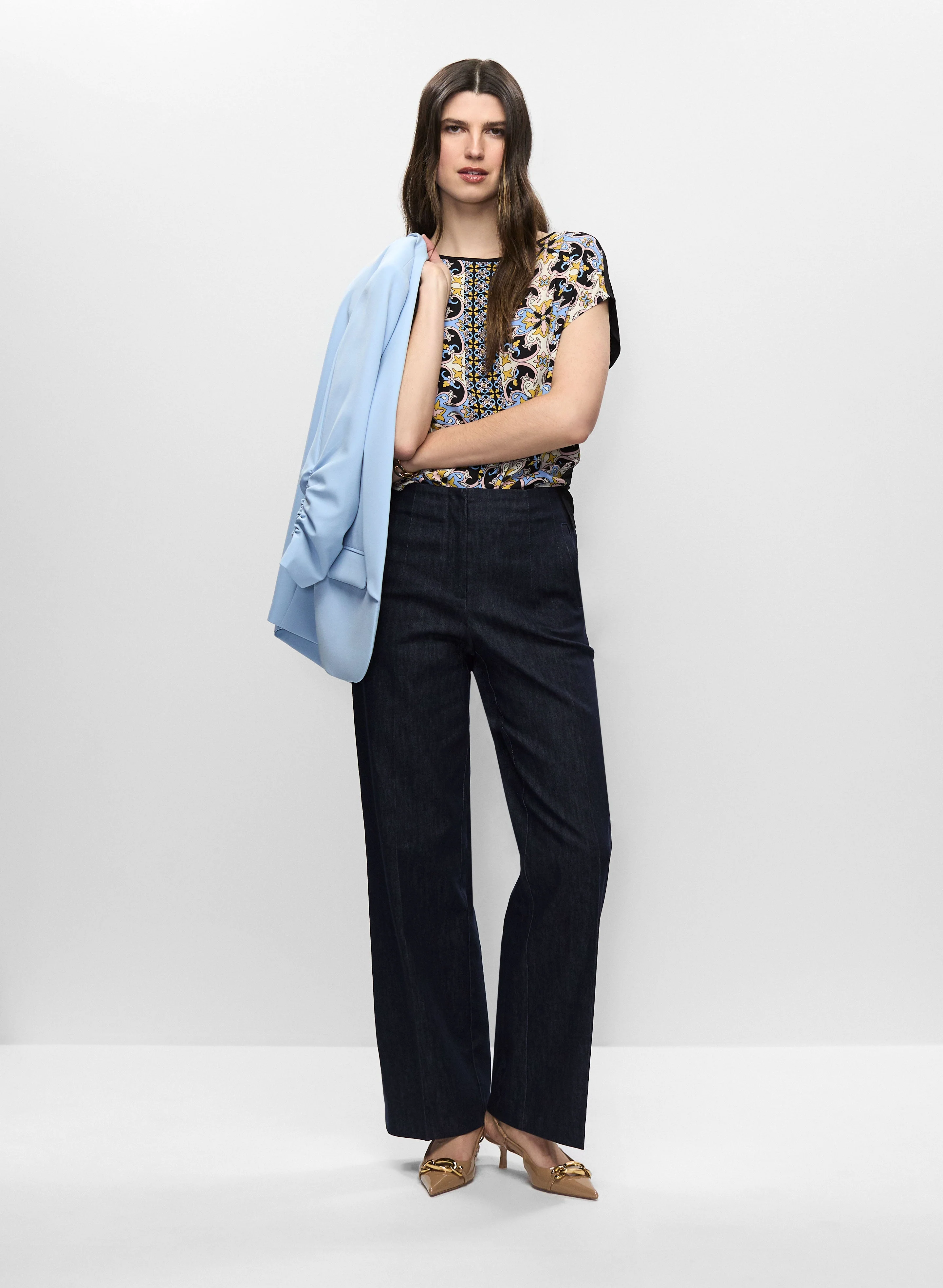 Roll-Up Sleeve Jacket & Wide Leg Denim Pants
