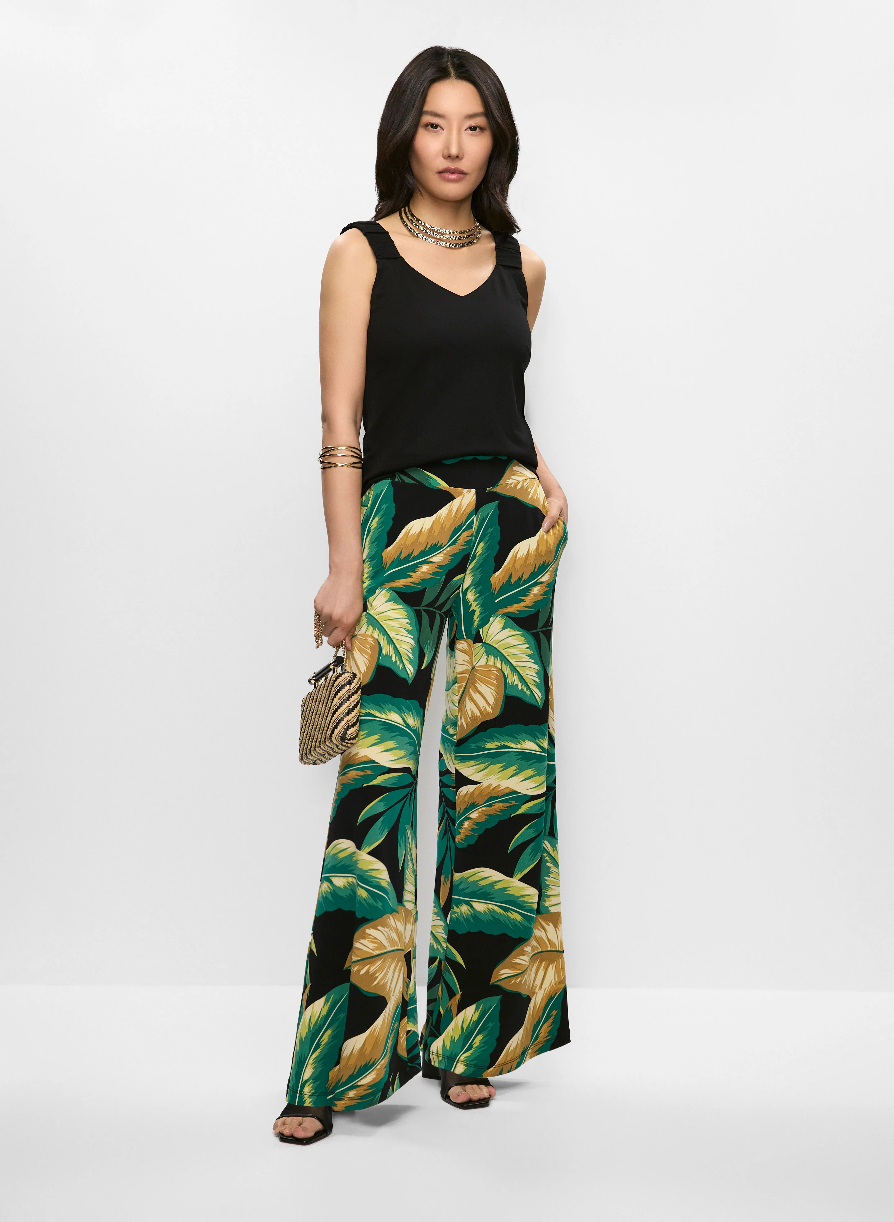 Ruched Strap Top & Leaf Print Pants